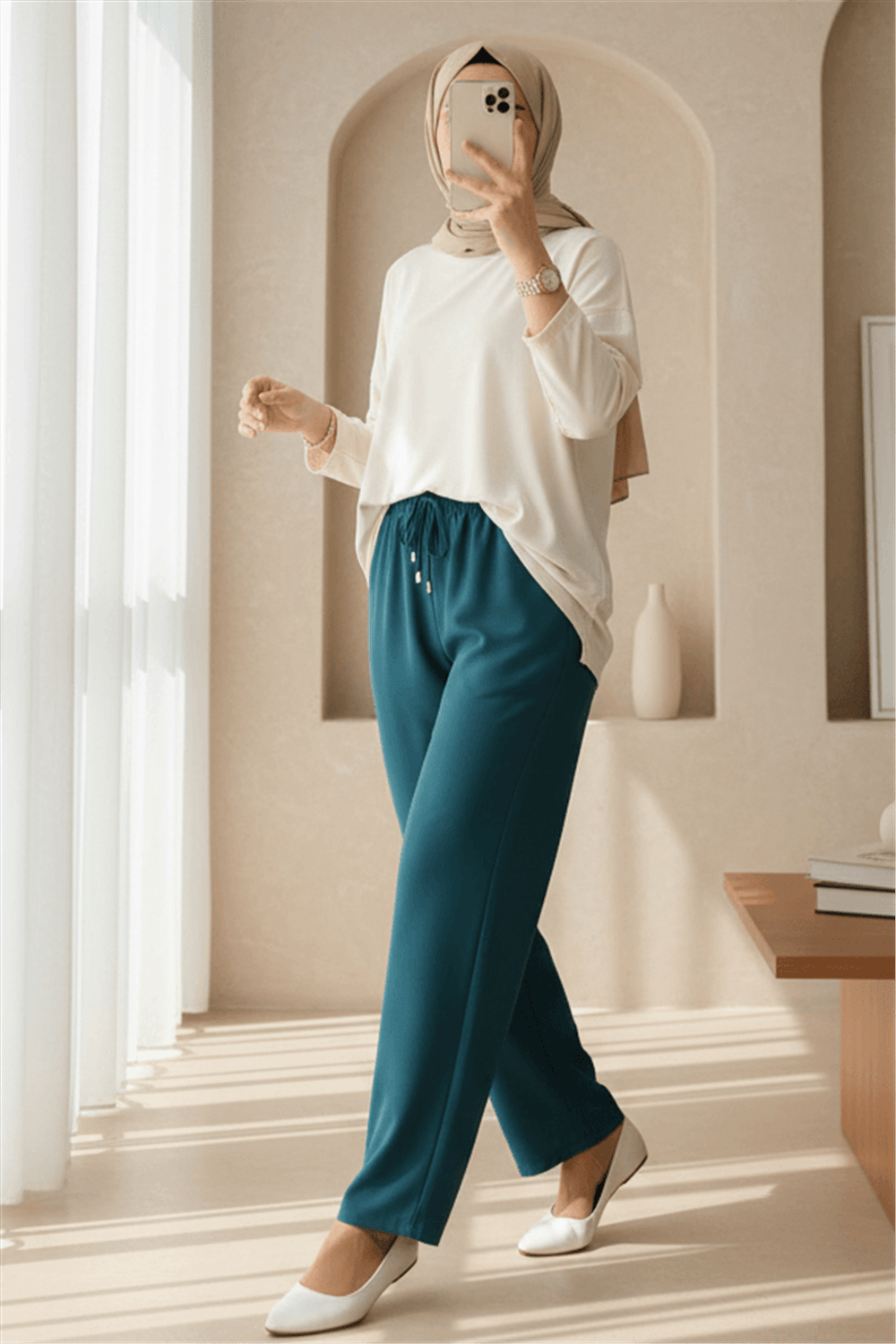 Çift Cepli Beli Lastikli Bağcık Detaylı Pantolon  -Zümrüt-Pantolon-326-9093-R17