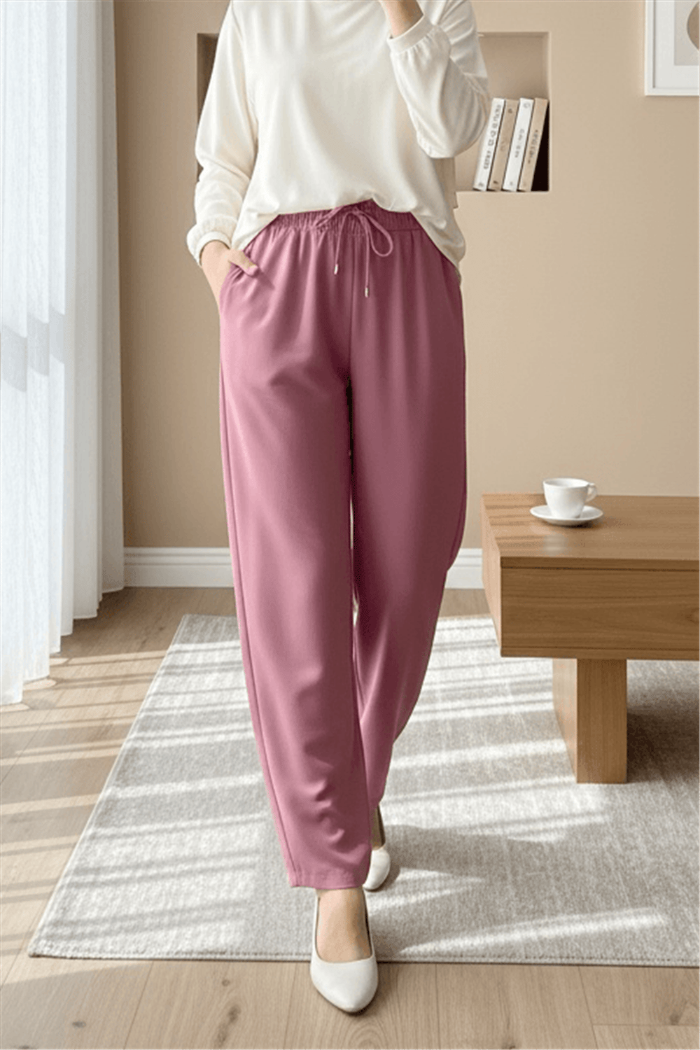 Çift Cepli Beli Lastikli Bağcık Detaylı Pantolon  -Pembe-Pantolon-326-9093-R20