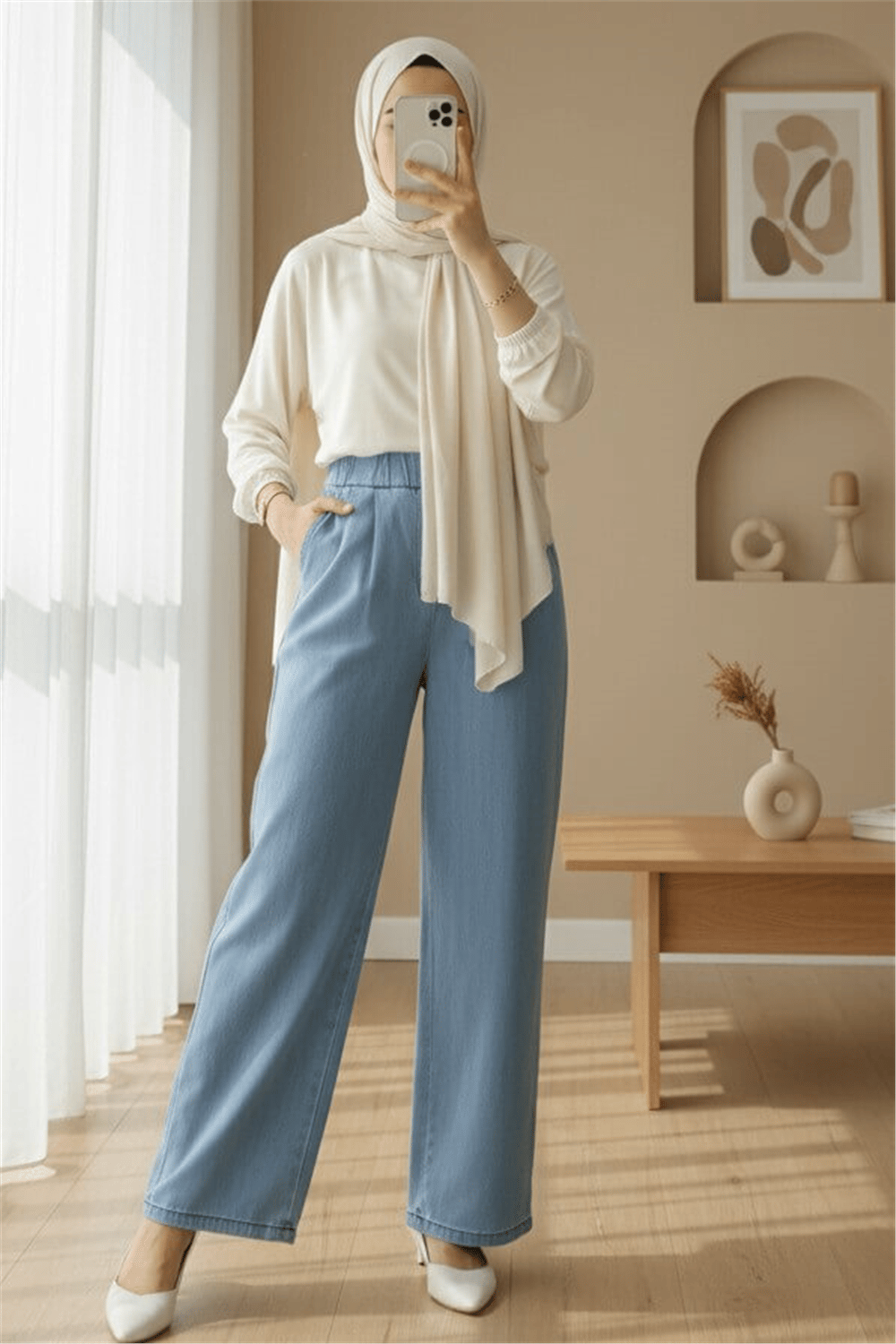 Çift Cepli Beli Lastikli Cırtlı Pileli Pantolon  -Açık Mavi-Pantolon-417-17852-R25