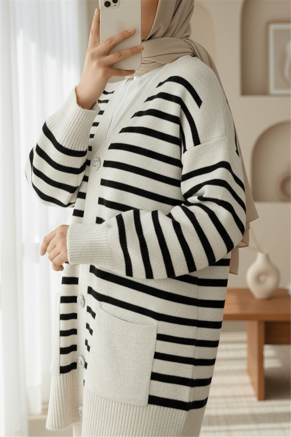 Çift Cepli Çizgili Triko Hırka  -Taş-Hırka-357-6195-R43
