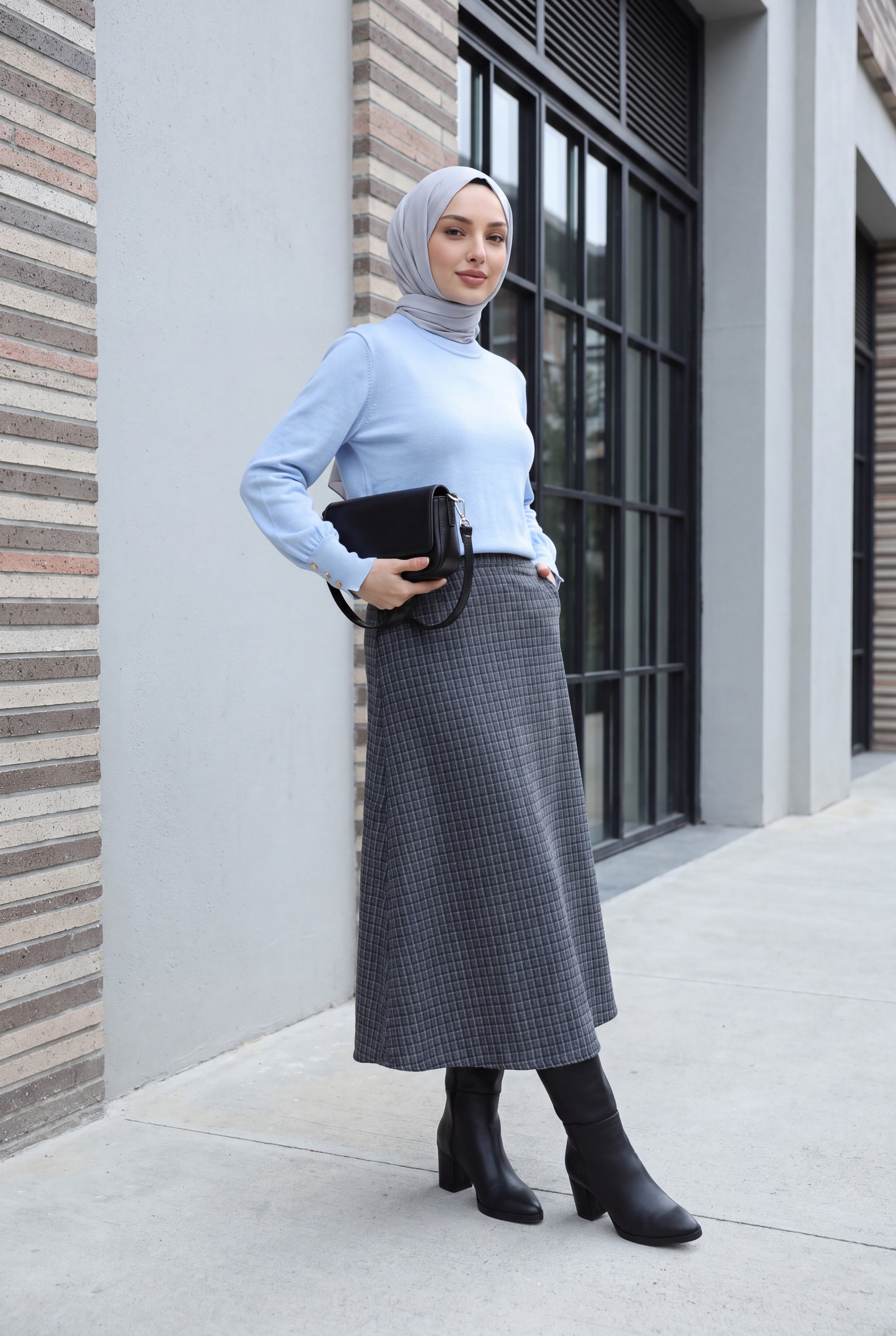 Çift Cepli Fermuarlı Ekose Desenli Kloş Etek -Füme