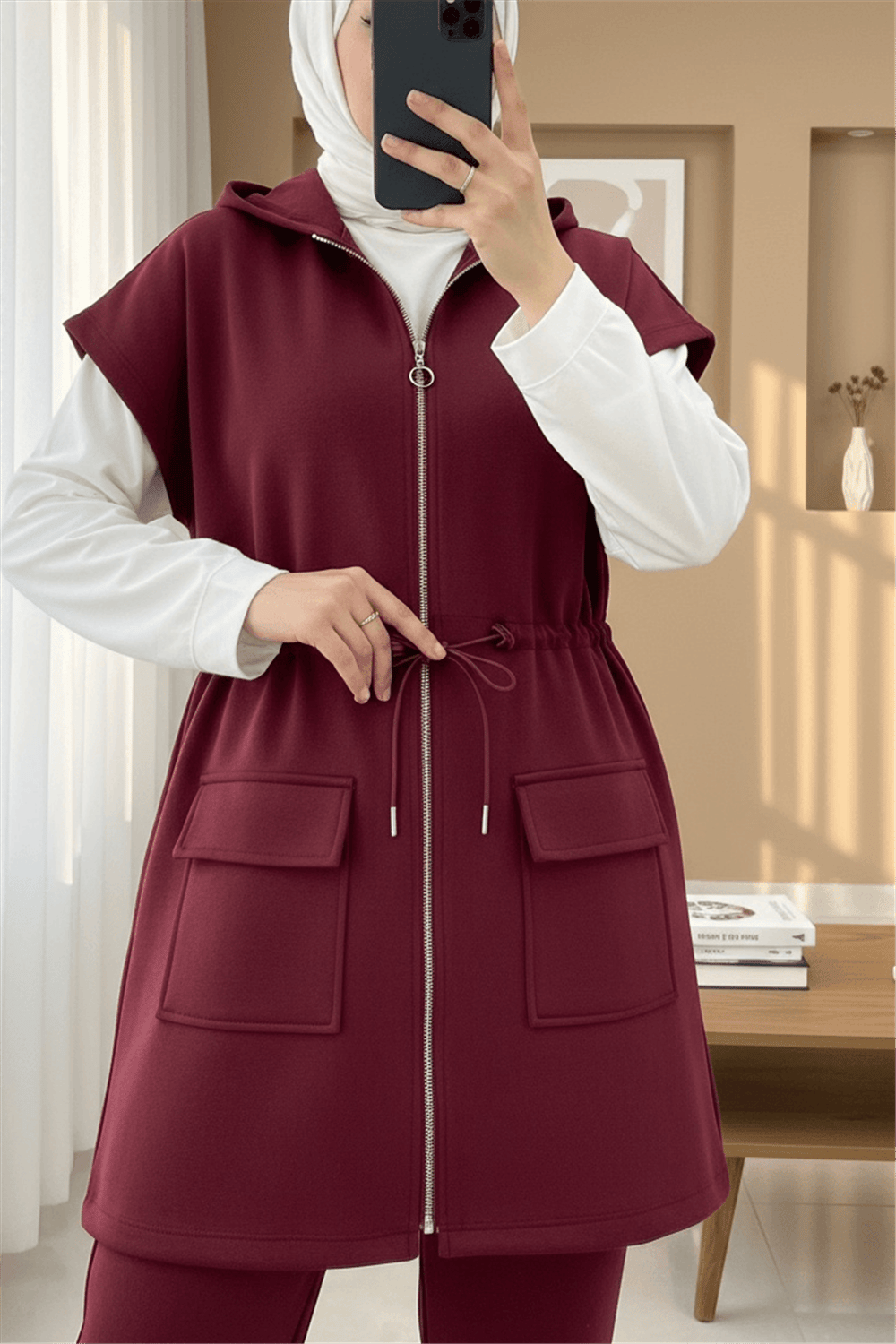 Çift Cepli Fermuarlı Lastik Detaylı Kısakollu Scuba Takım  -Bordo-Takım-349-7091-R04