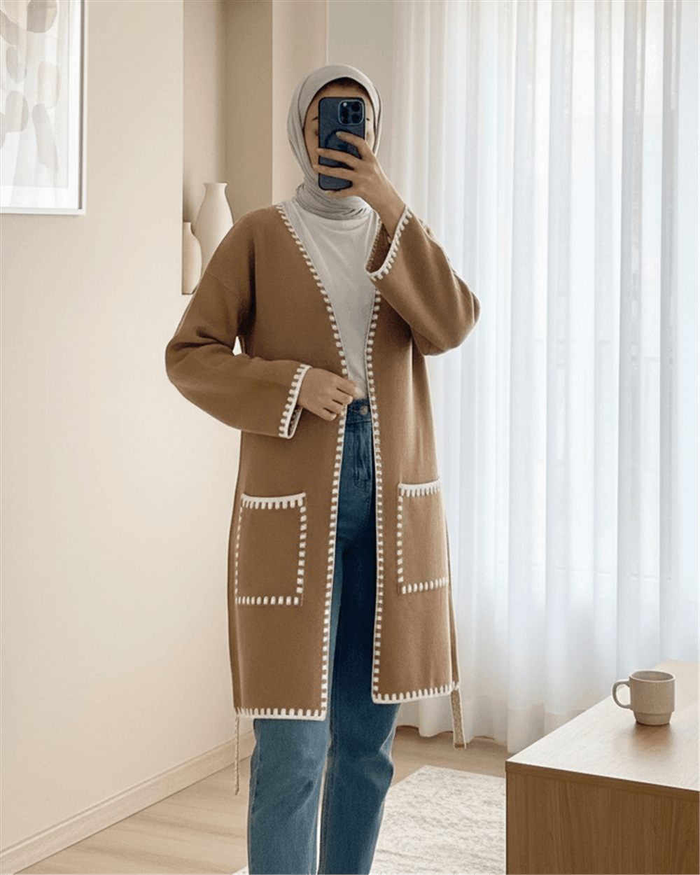كارديجان تريكو بحزام مزدوج الجيوب -قرفة-Triko Hırka-386-5075-R45