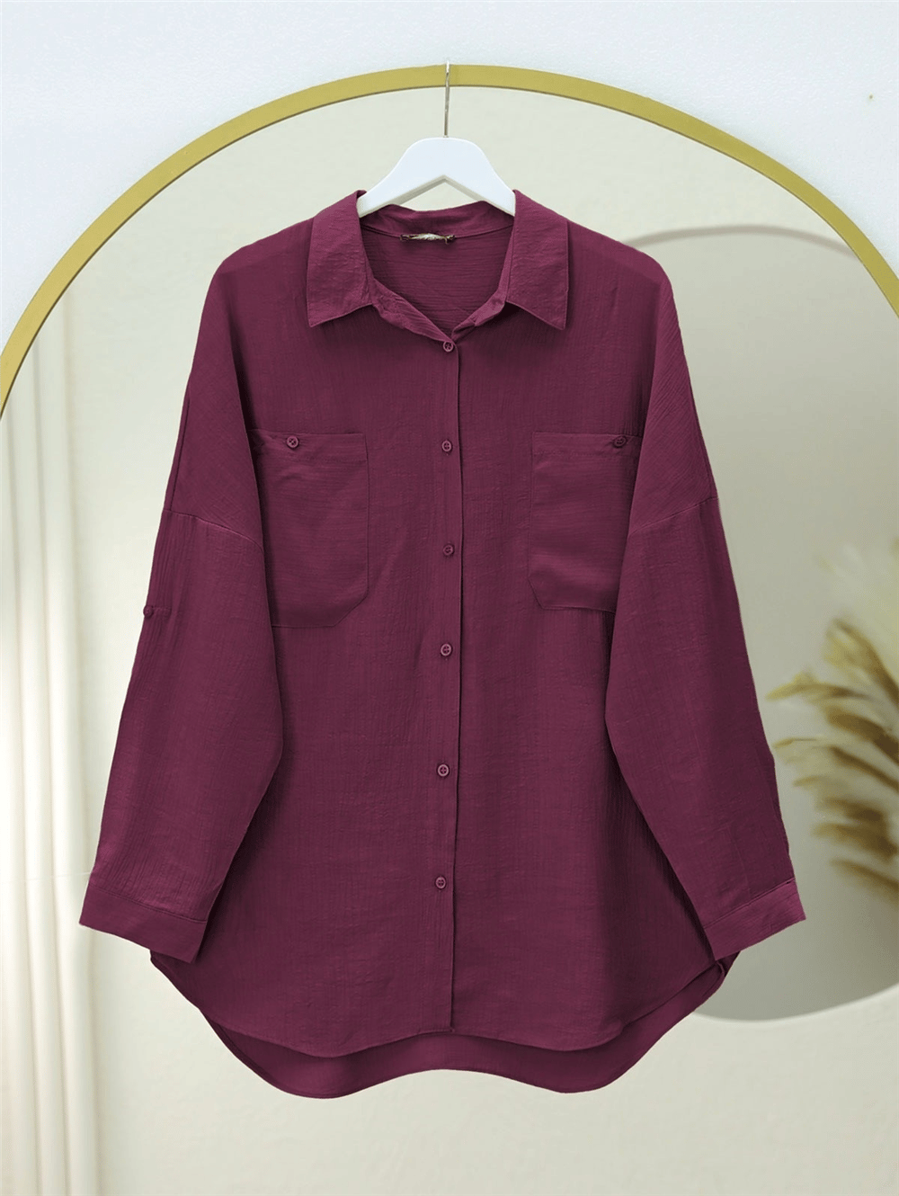 Çift Cepli Oval Kesim Kolu Katlamalı Gömlek Tunik -Bordo-Gömlek-317-2420-R04