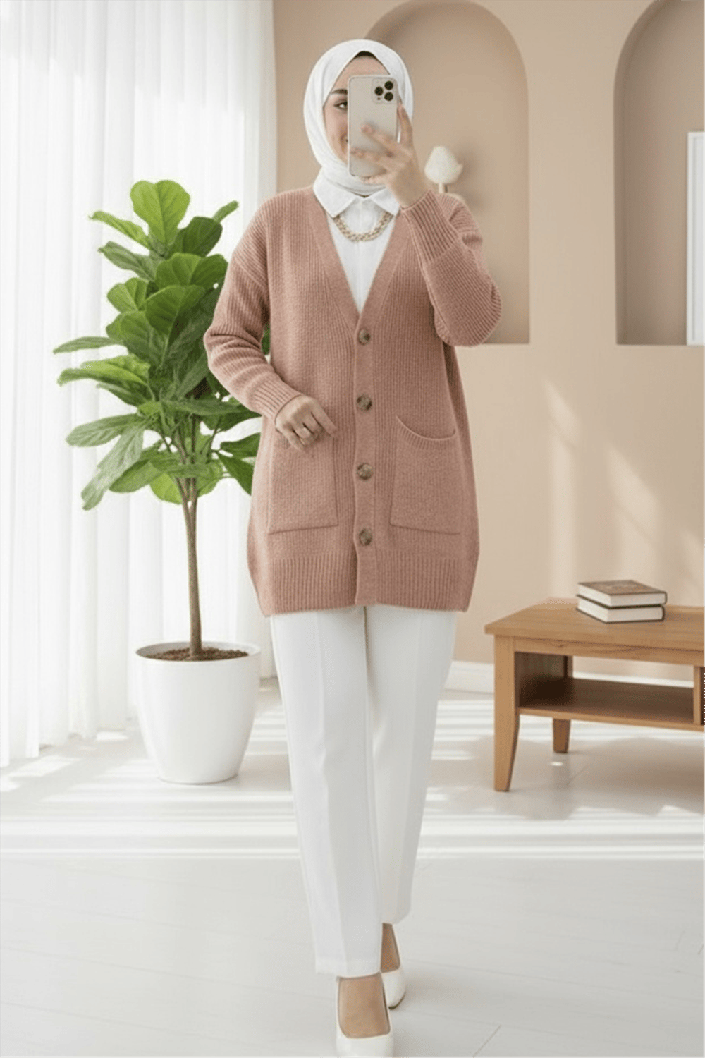Çift Cepli Yumoş Örgü Hırka  -Somon-Hırka-109-0753-R13