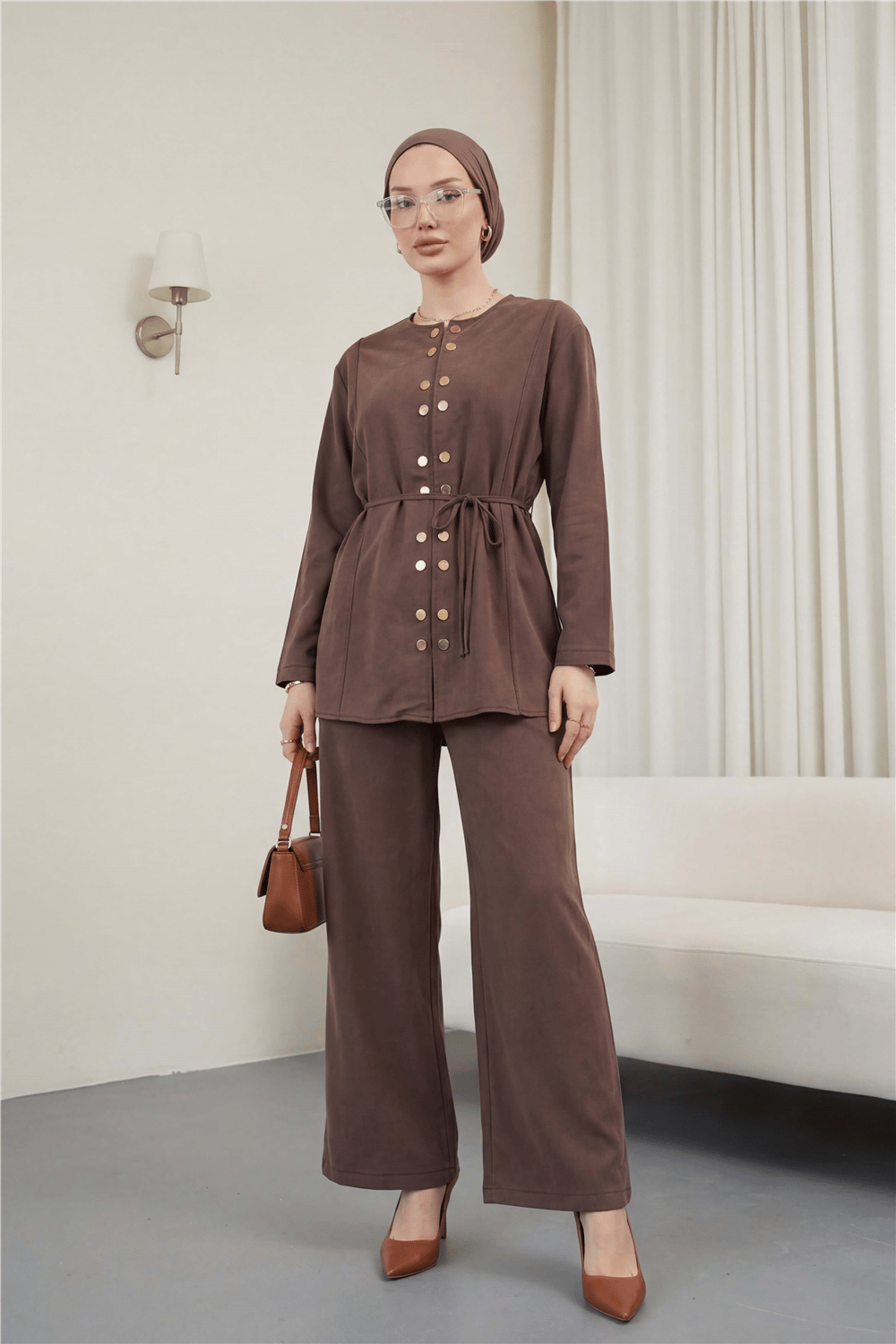 Çift Çıtçıt Detaylı Yuvarlak Yaka Bol Paça Pantolonlu Modal Takım -Kahve-Takım-403-3070-R15