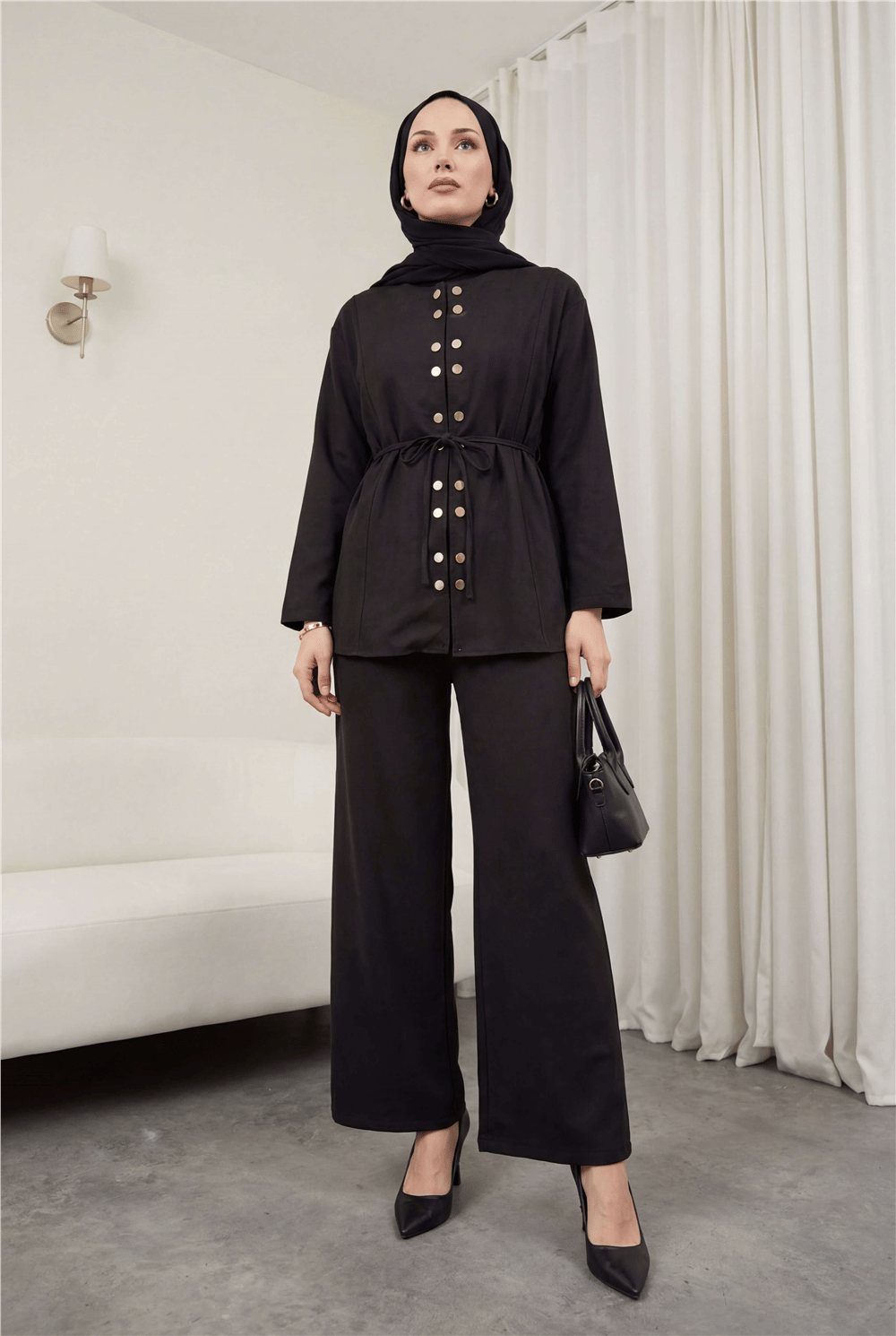 Çift Çıtçıt Detaylı Yuvarlak Yaka Bol Paça Pantolonlu Modal Takım -Siyah-Takım-403-3070-R01