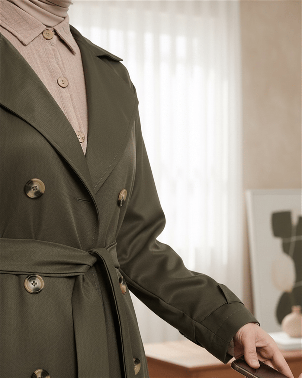 Çift Düğme Kemerli Uzun Trenckot -Haki-Trençkot-138-5853-R05