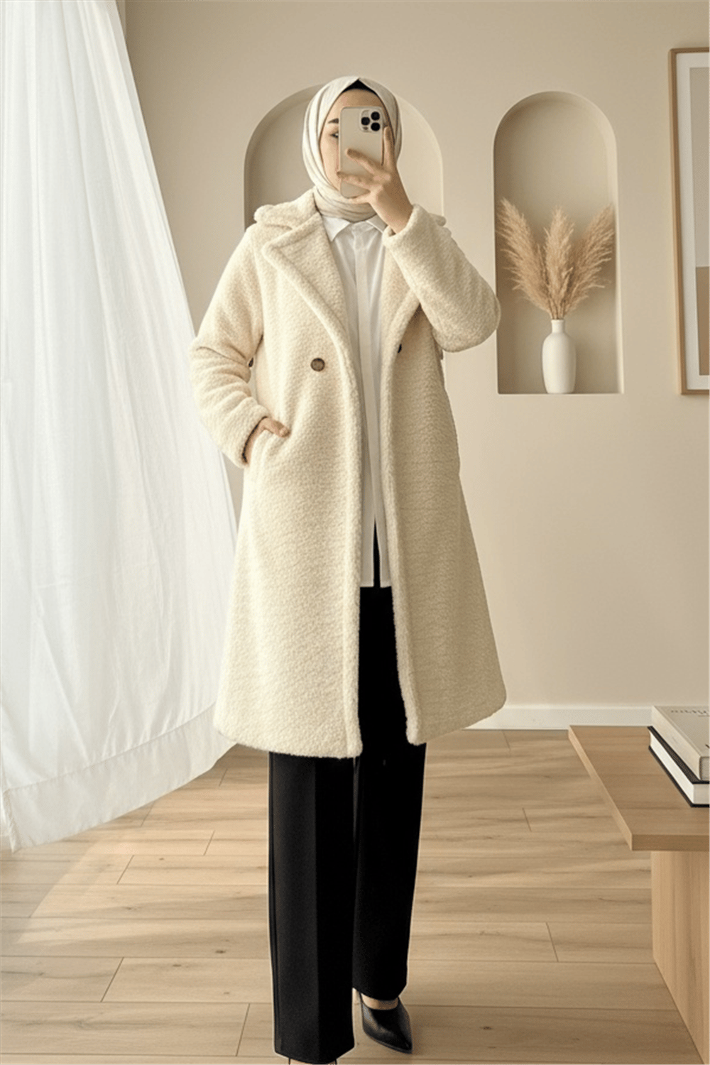 Çift Düğmeli Astarlı Yan Cepli Peluş Kaban -Açık Vizon-Kaban-197-2808-R51
