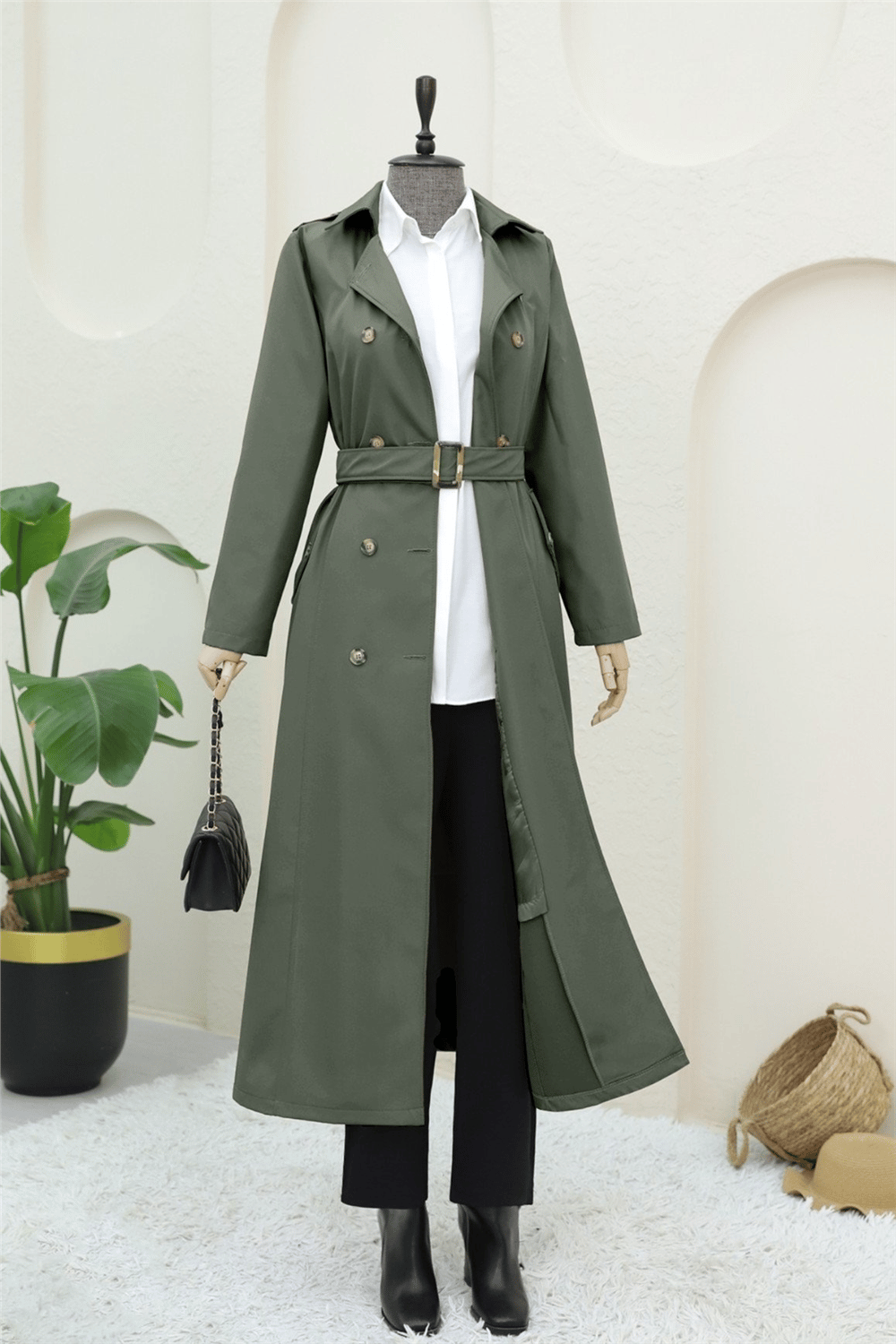 Çift Düğmeli Kemerli Trençkot -Haki-Trençkot-197-4901-R05