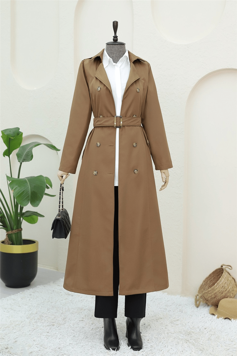 Çift Düğmeli Kemerli Trençkot -Taba-Trençkot-197-4901-R12