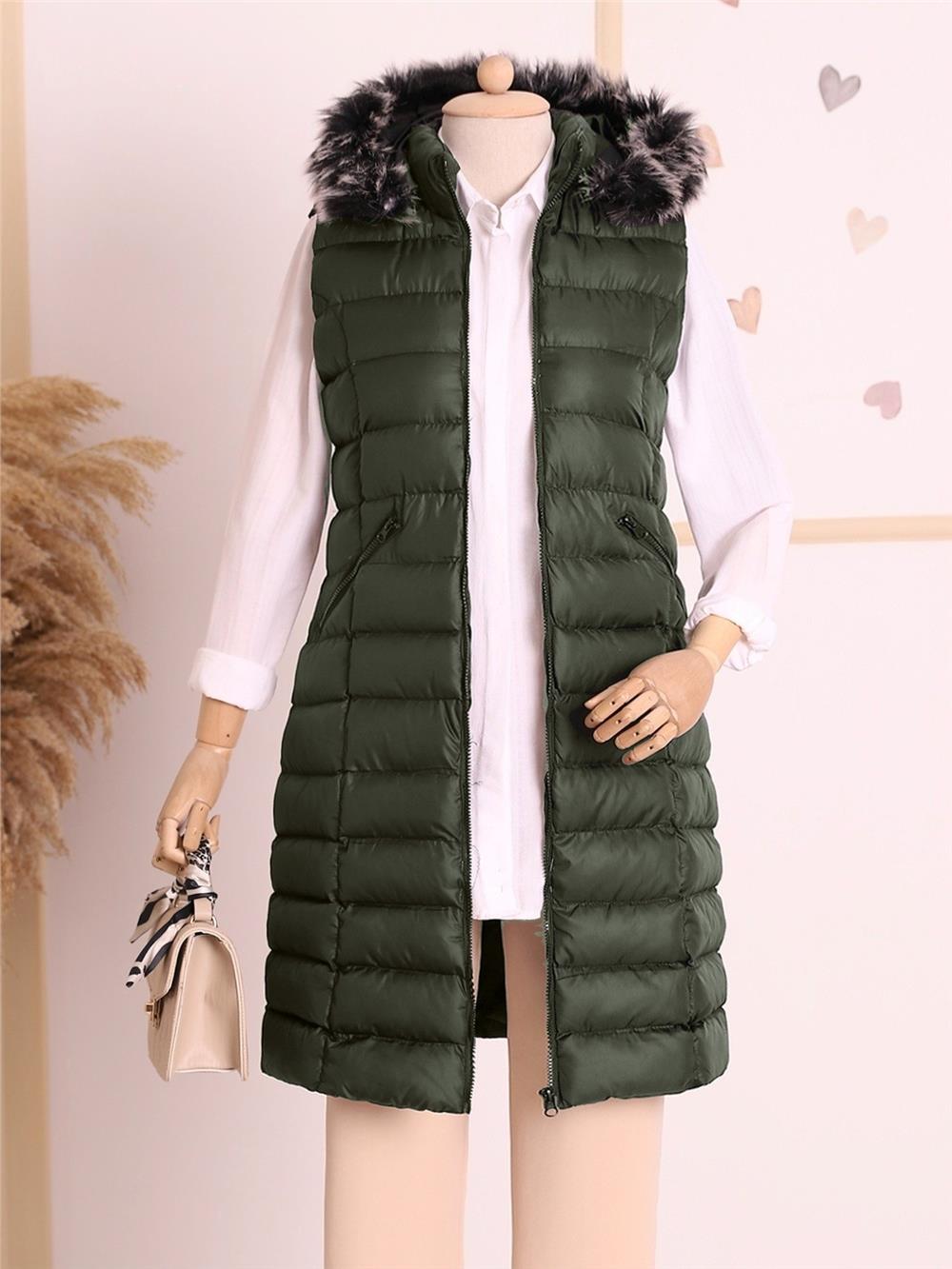 Çıkma Kapşonu Kürklü Şişme Yelek   -Haki-346-0920-R05