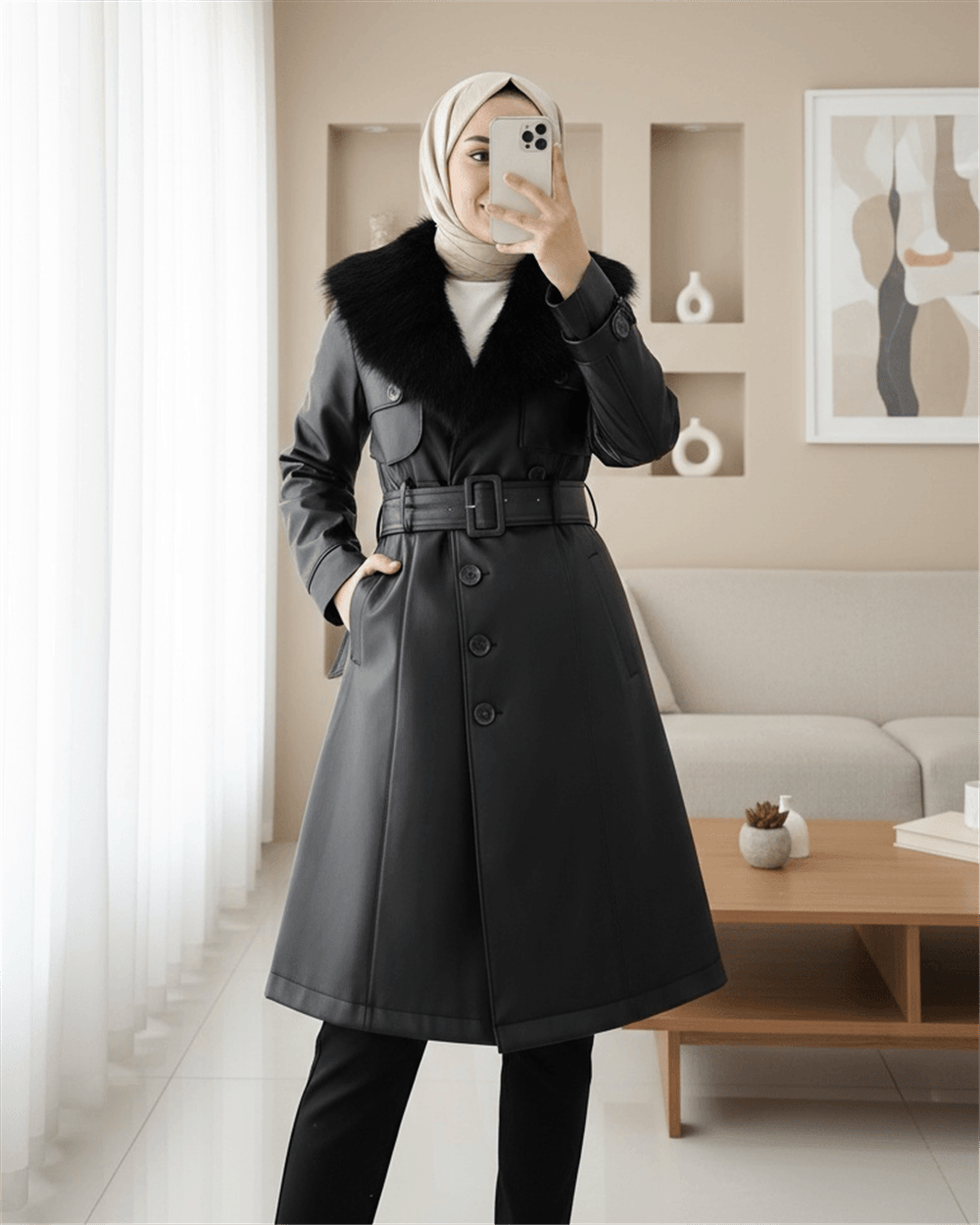 Çıkma Kürklü  Deri Mont -Siyah-Mont-138-1026-R01