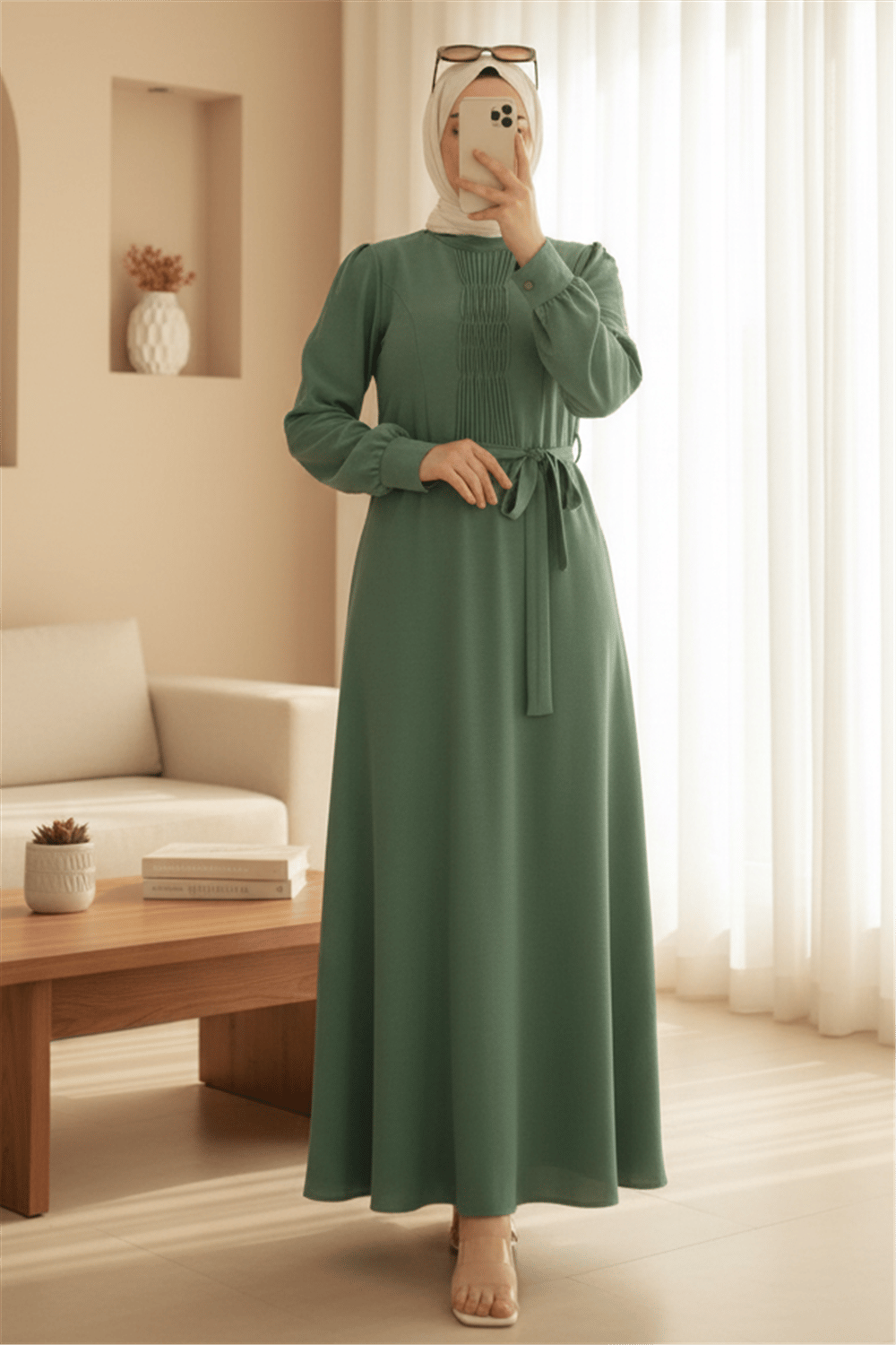 Çıma Detaylı Kemerli Ayrobin Elbise    -Haki-Açık Elbise-186-662-R05