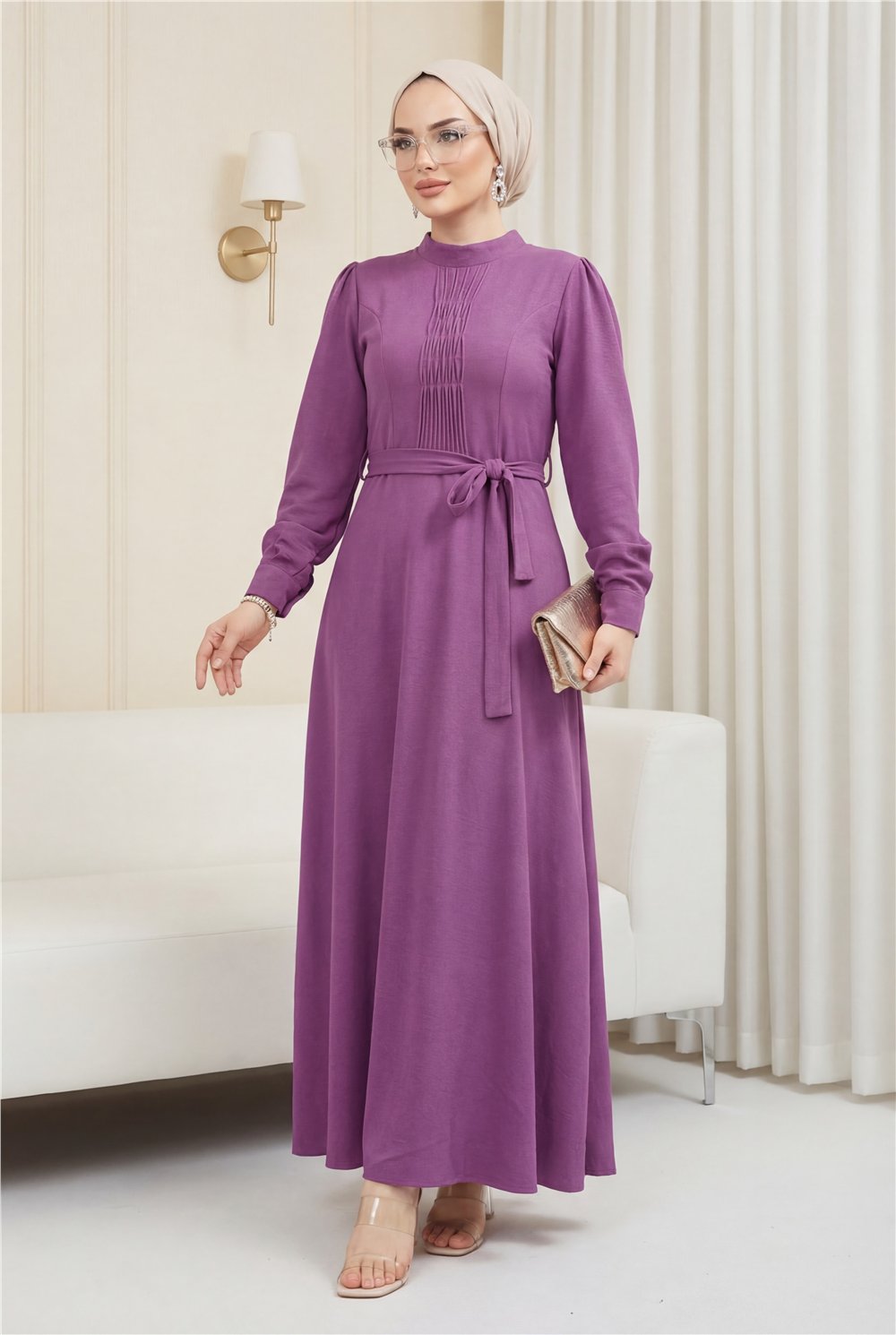 Çıma Detaylı Kemerli Ayrobin Elbise   -Vişne-Açık Elbise-186-662-R44