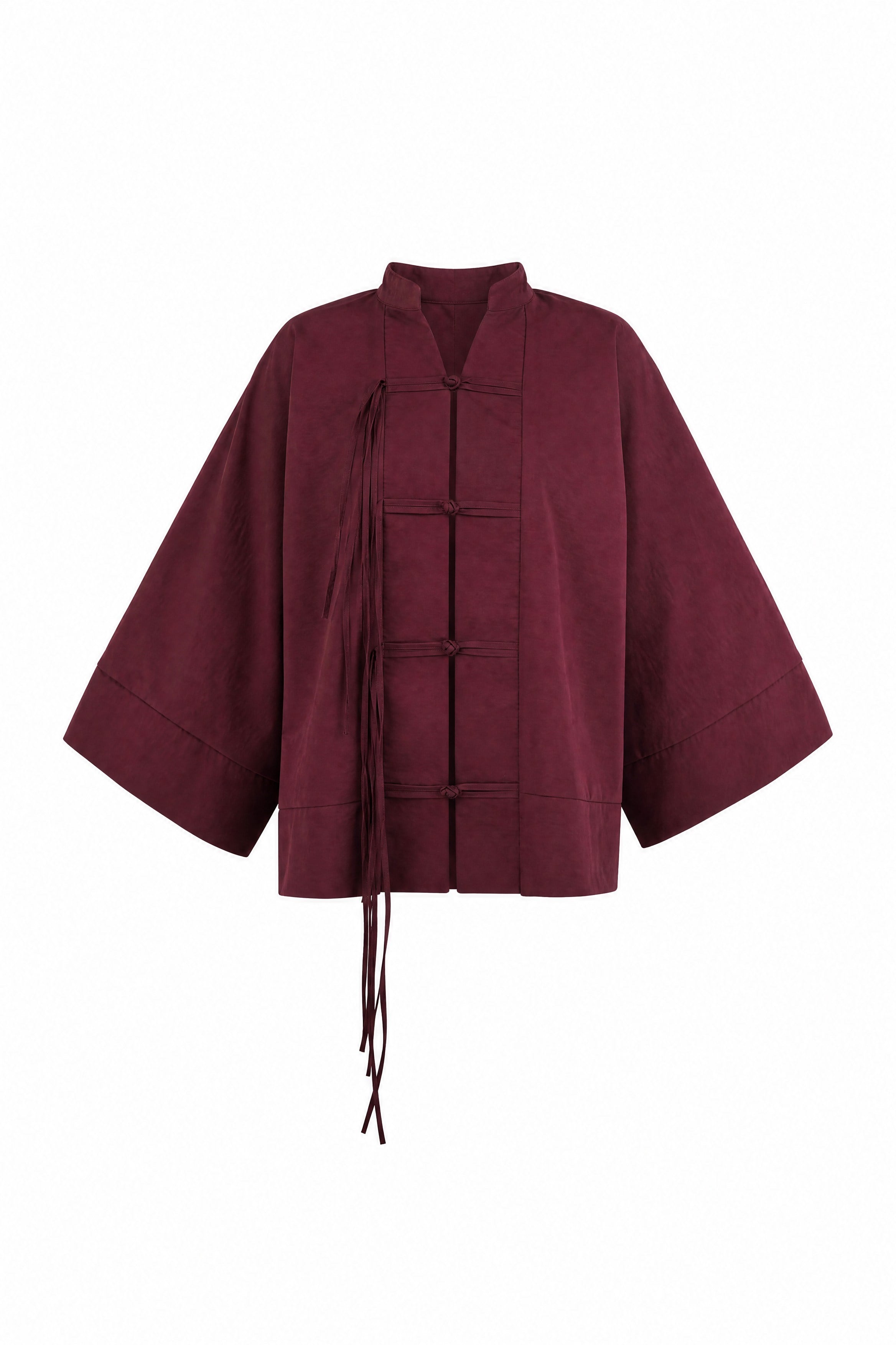 Çin Düğümü Kapamalı Hakim Yaka Paraşüt Kimono -Mürdüm