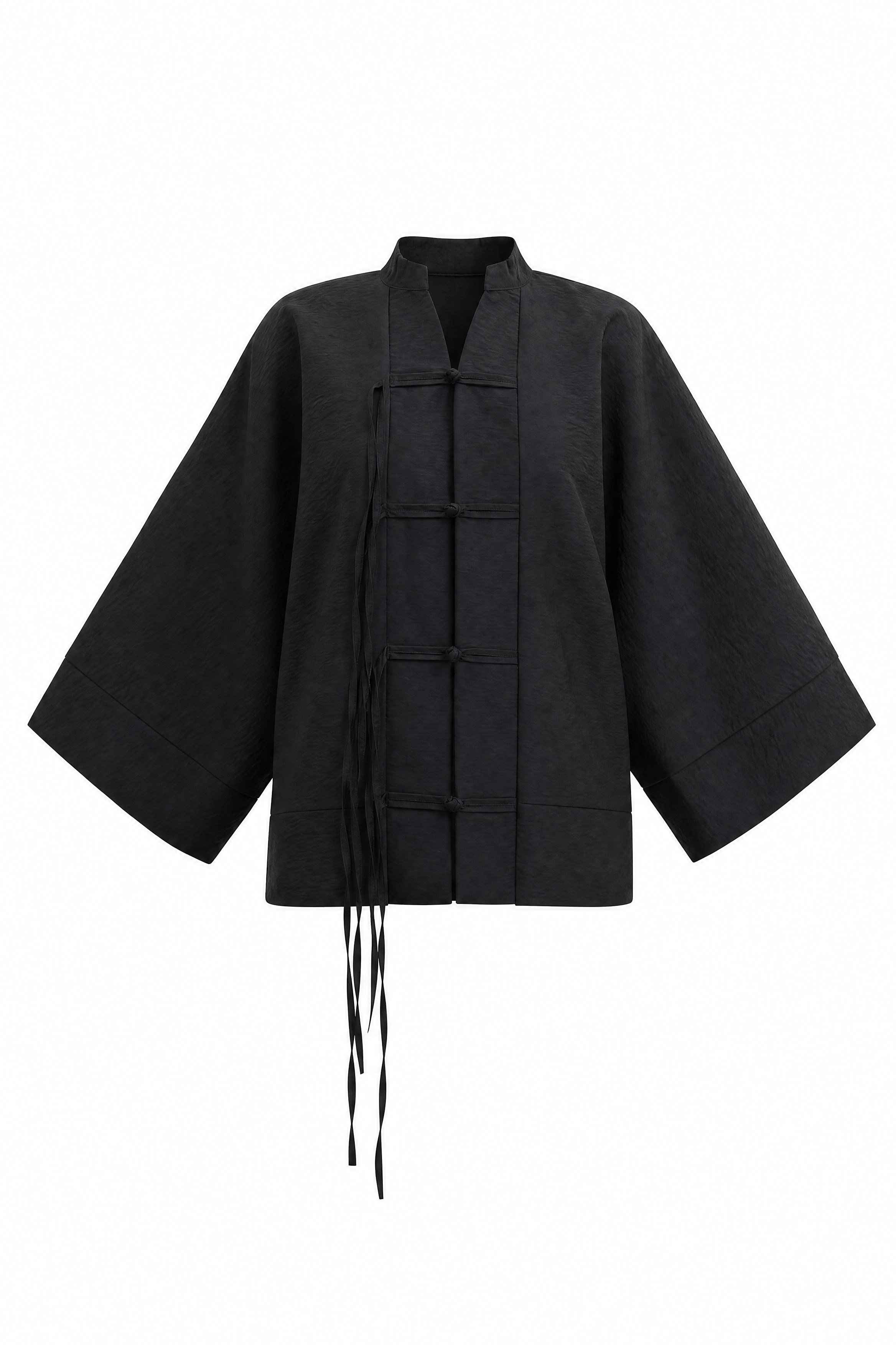 Çin Düğümü Kapamalı Hakim Yaka Paraşüt Kimono -Siyah