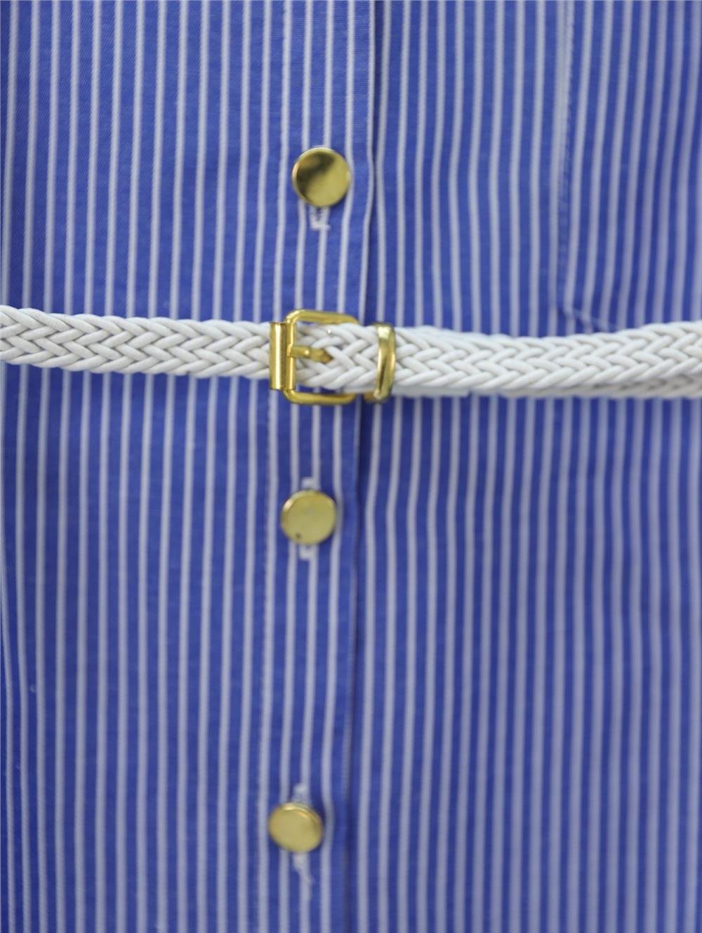 Çizgili Beli Bağcıklı Düğmeli Gömlek -Koyu Mavi-398-1223-R26