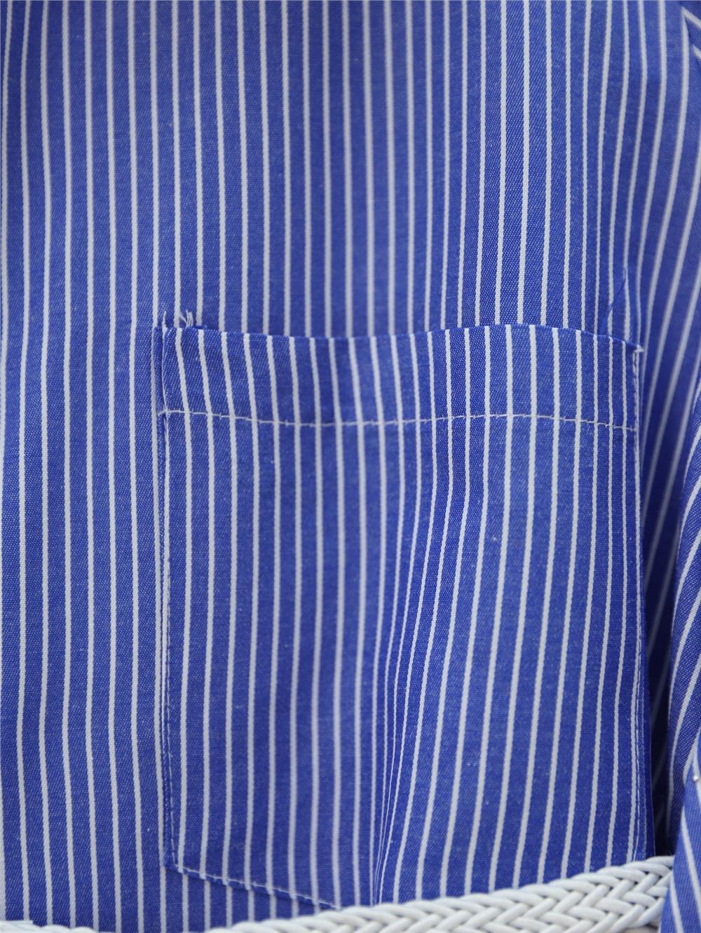 Çizgili Beli Bağcıklı Düğmeli Gömlek -Koyu Mavi-398-1223-R26