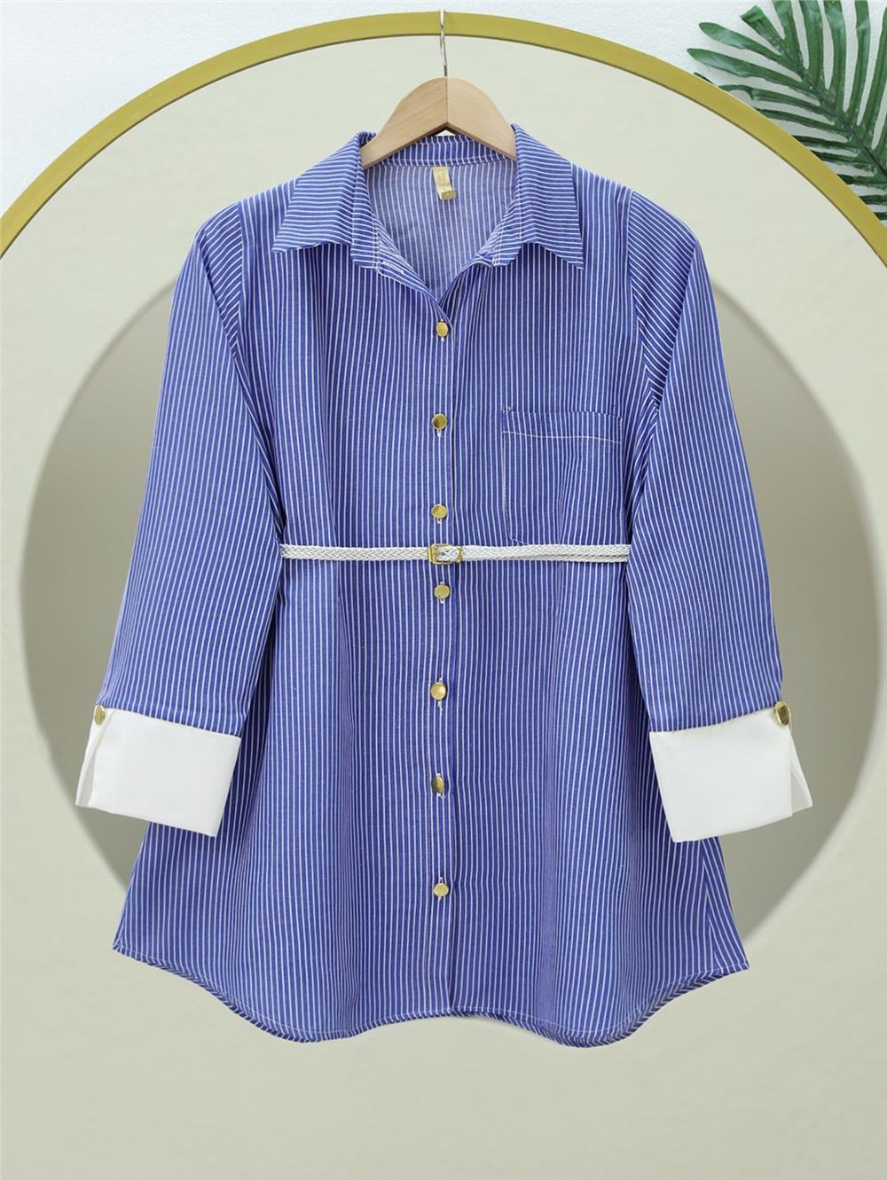 Çizgili Beli Bağcıklı Düğmeli Gömlek -Koyu Mavi-398-1223-R26