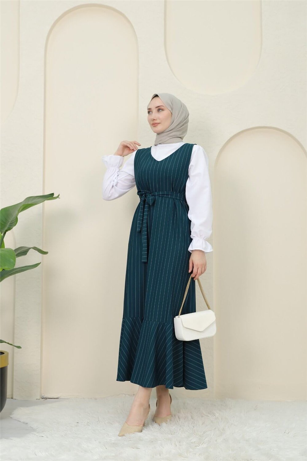 طقم جيليه قميص بحزام خصر مخطط - زمرد-Jile Elbise-349-5063-R17