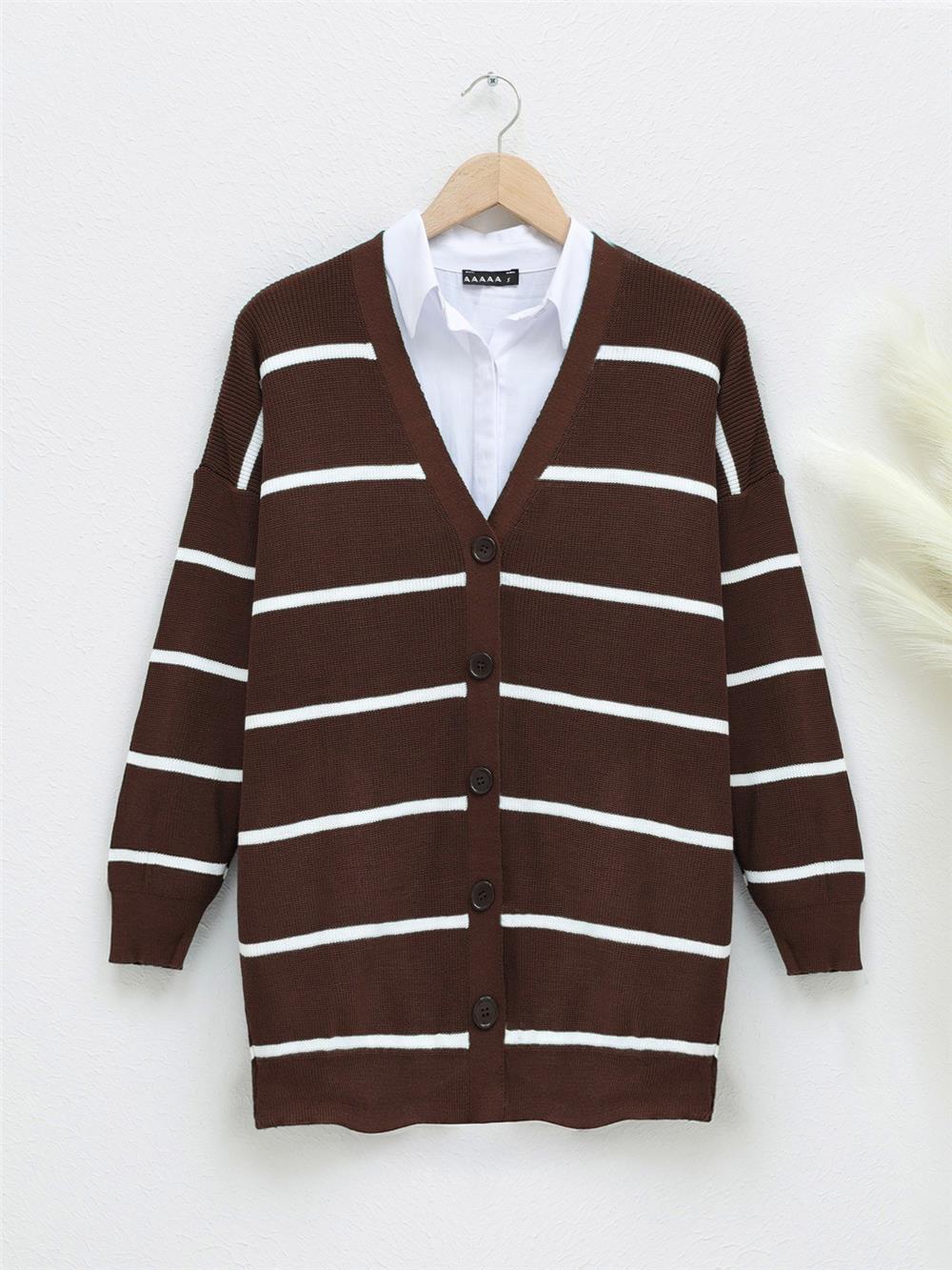 Çizgili Düğmeli Hırka -Kahve-109-1025-R15