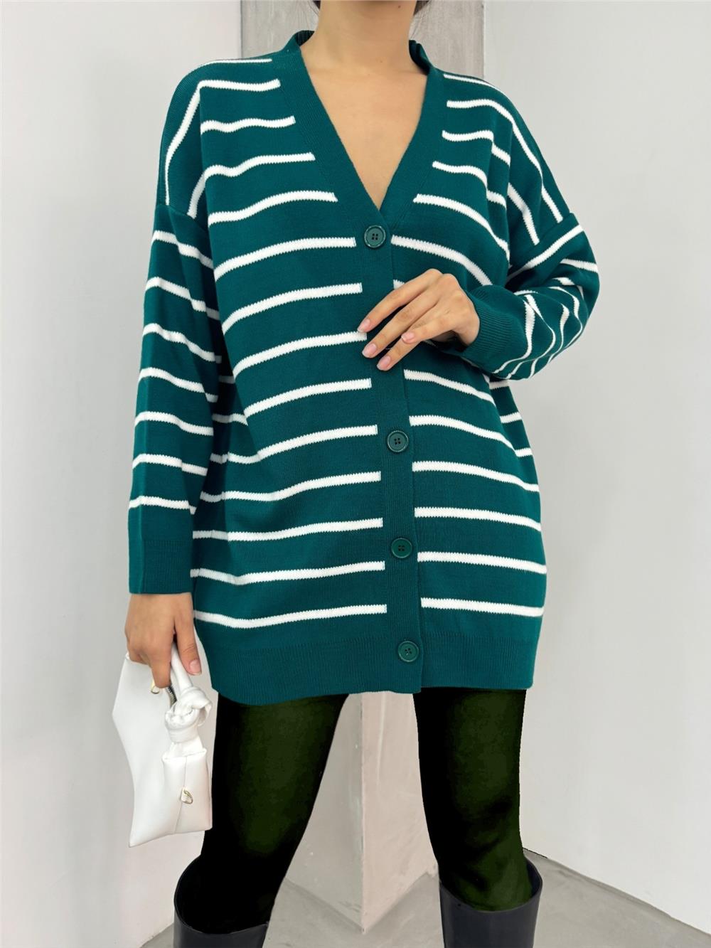 Çizgili Düğmeli V Yaka Triko Hırka   -Zümrüt-109-9823-R17