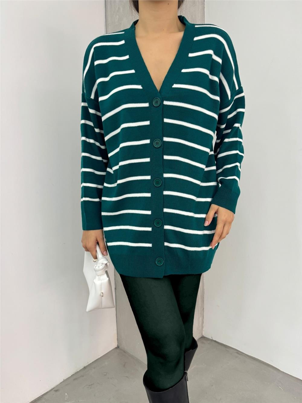 Çizgili Düğmeli V Yaka Triko Hırka   -Zümrüt-109-9823-R17