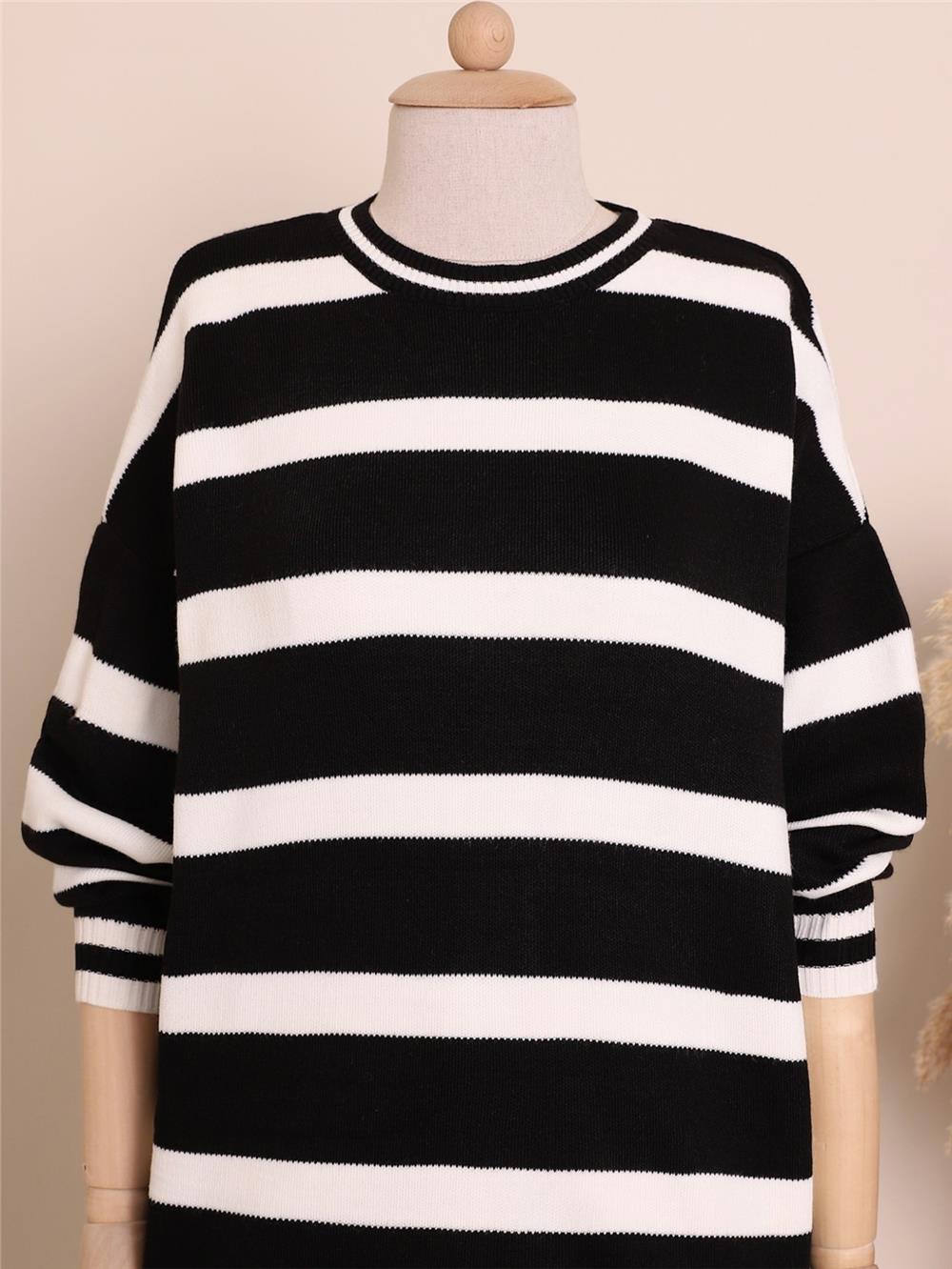 Çizgili Kışlık Tesettür Triko Tunik -Siyah-109-9509-R01