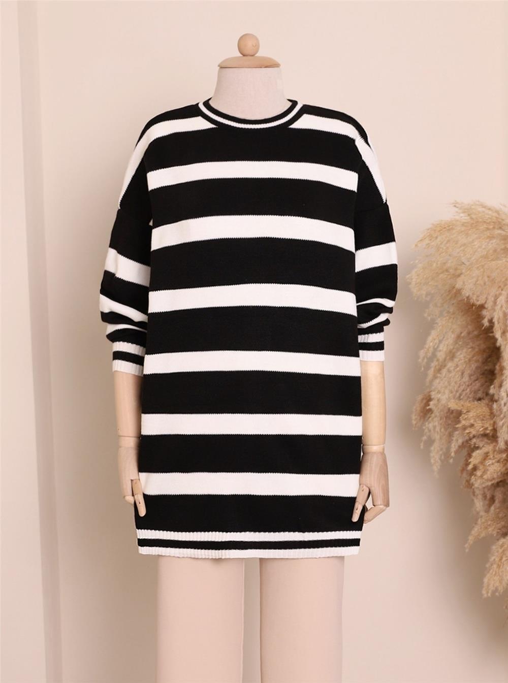 Çizgili Kışlık Tesettür Triko Tunik -Siyah-109-9509-R01