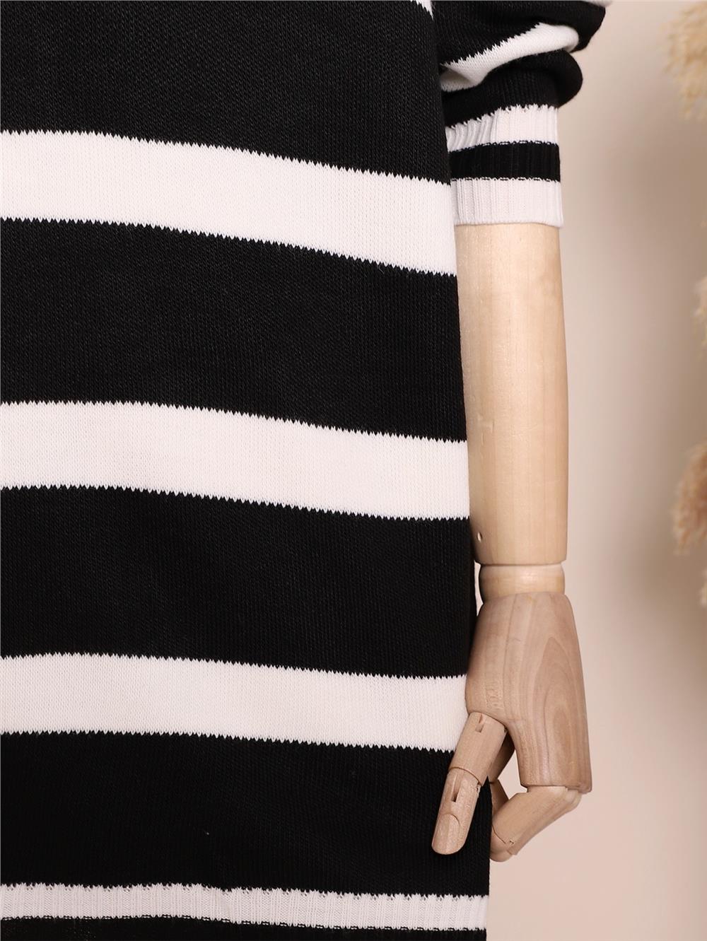 Çizgili Kışlık Tesettür Triko Tunik -Siyah-109-9509-R01