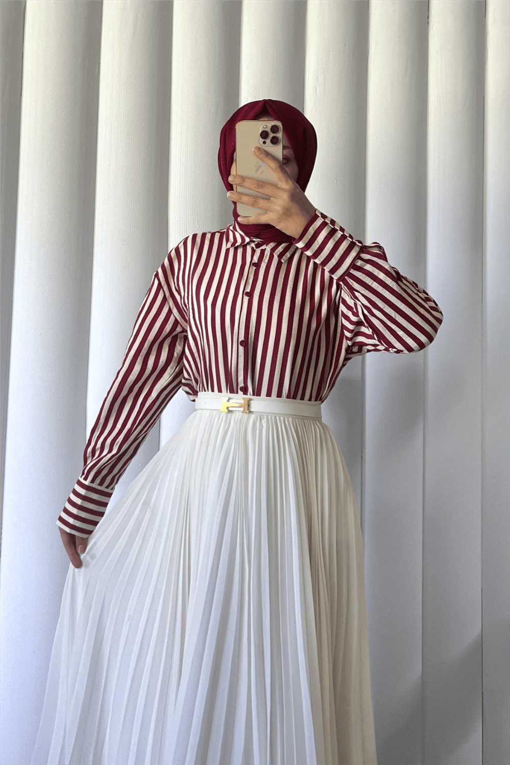 Çizgili Oversize Düğmeli Gömlek -Bordo-Gömlek-410-4611-R04