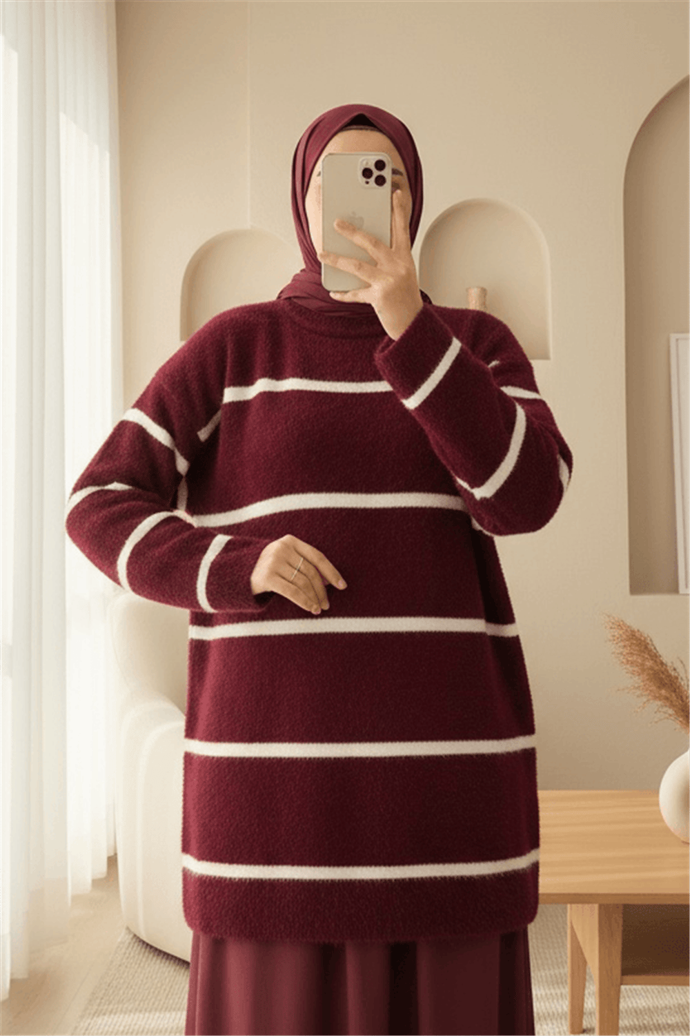 Çizgili Salaş Sakallı Triko Tunik -Bordo-Tunik-295-18002-R04