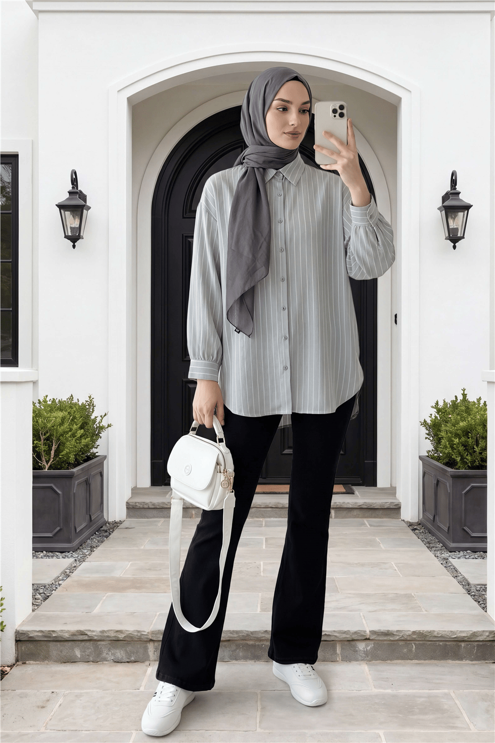 Çizgili Yırtmaçlı Salaş Linda Gömlek -Açık Gri-Gömlek-277-4013-R41