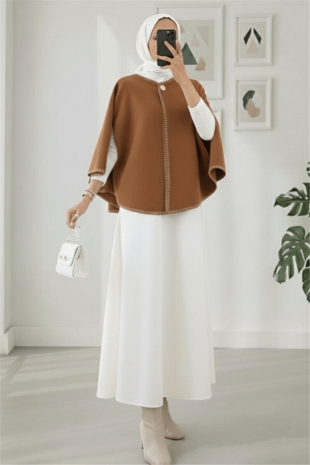 Çoban Dikişli Cepli Kaşe Panço -Açık Kahve-Trençkot-307-0018-R76
