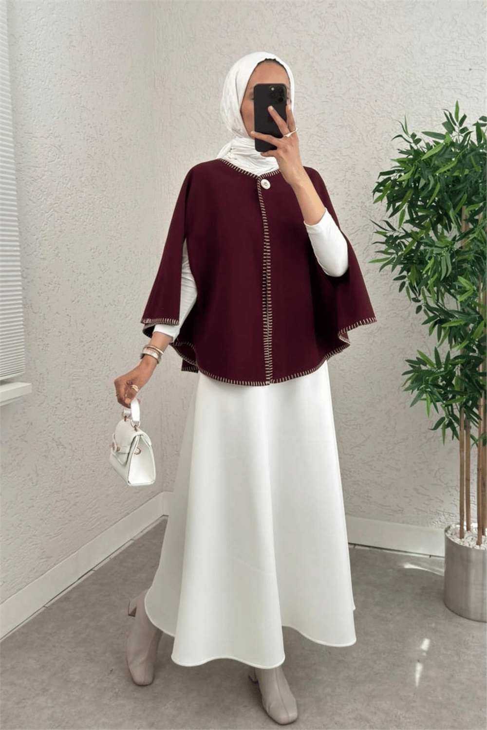 Çoban Dikişli Cepli Kaşe Panço -Mürdüm-Trençkot-307-0018-R09