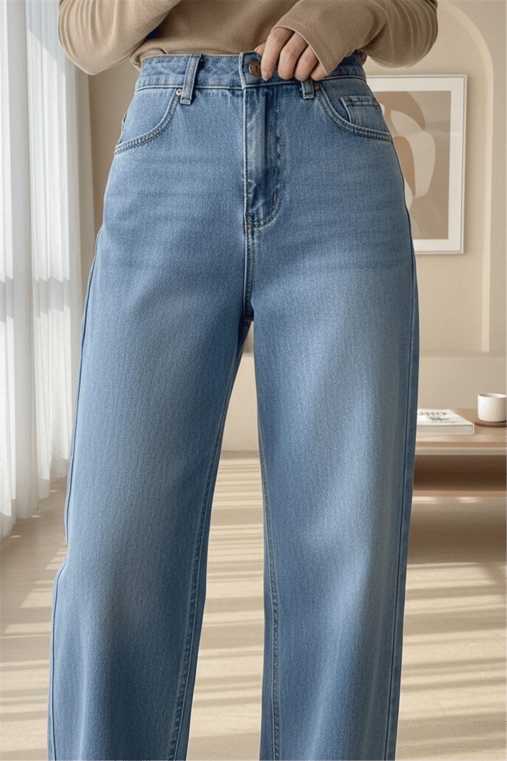 Çok Cepli Yüksek Bel Kot Pantolon  -Buz Mavi-Pantolon-136-0841-R37