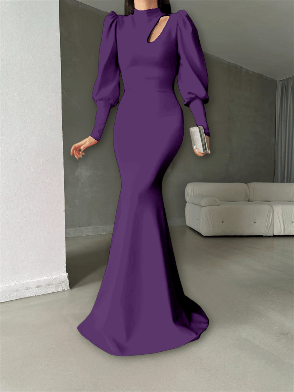 Damla Yakalı Pileli Balon Kol Boydan Elbise -Mor-Açık Elbise-T0165-582279-R34