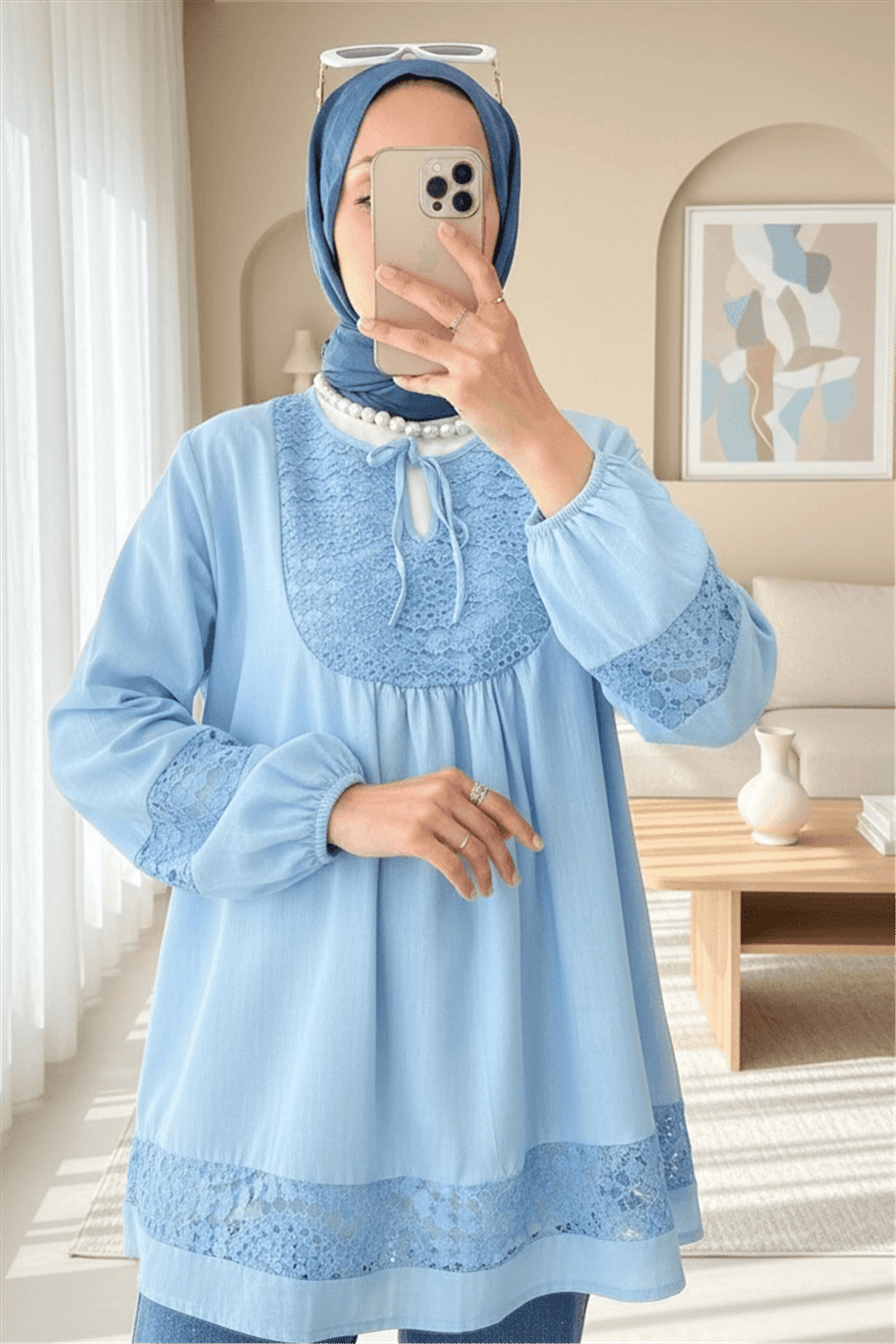 Dantel Detaylı Yakası Bağlamalı Kolu Lastikli Gömlek  -Mavi-Gömlek-307-2305-R31