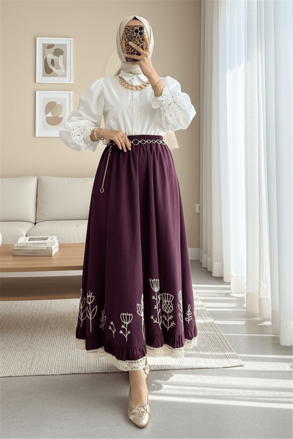Dantel İşlemeli Beli Lastikli Etek -Mürdüm-Etek-307-2329-R09