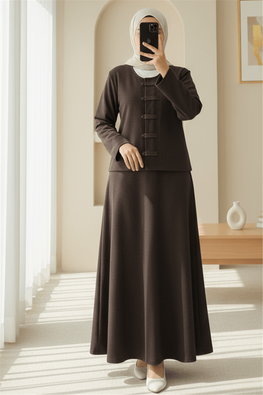 Deri Detaylı Önü Düğmeli Etekli Selanik Takım -Kahve-Takım-253-13111-R15