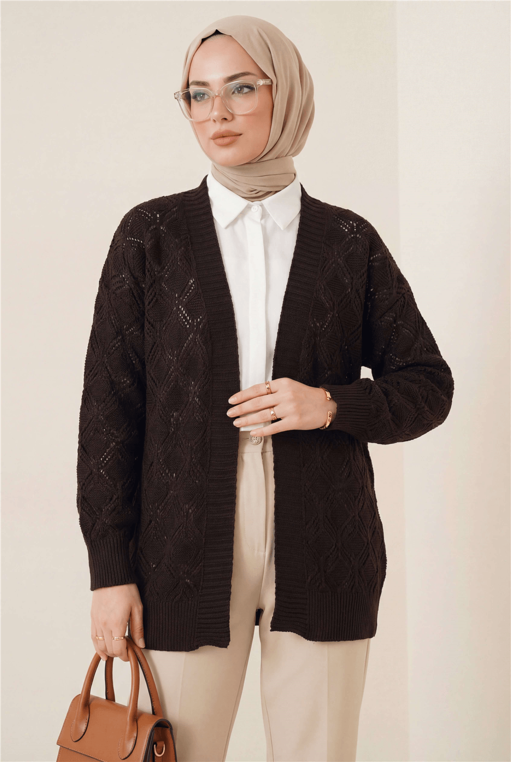 Desenli Araboy Örme Triko Hırka -Kahve-Hırka-109-0981-R15