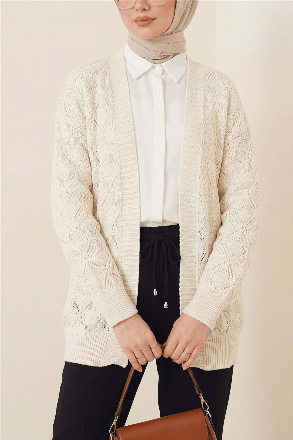 Desenli Araboy Örme Triko Hırka -Krem-Hırka-109-0981-R28