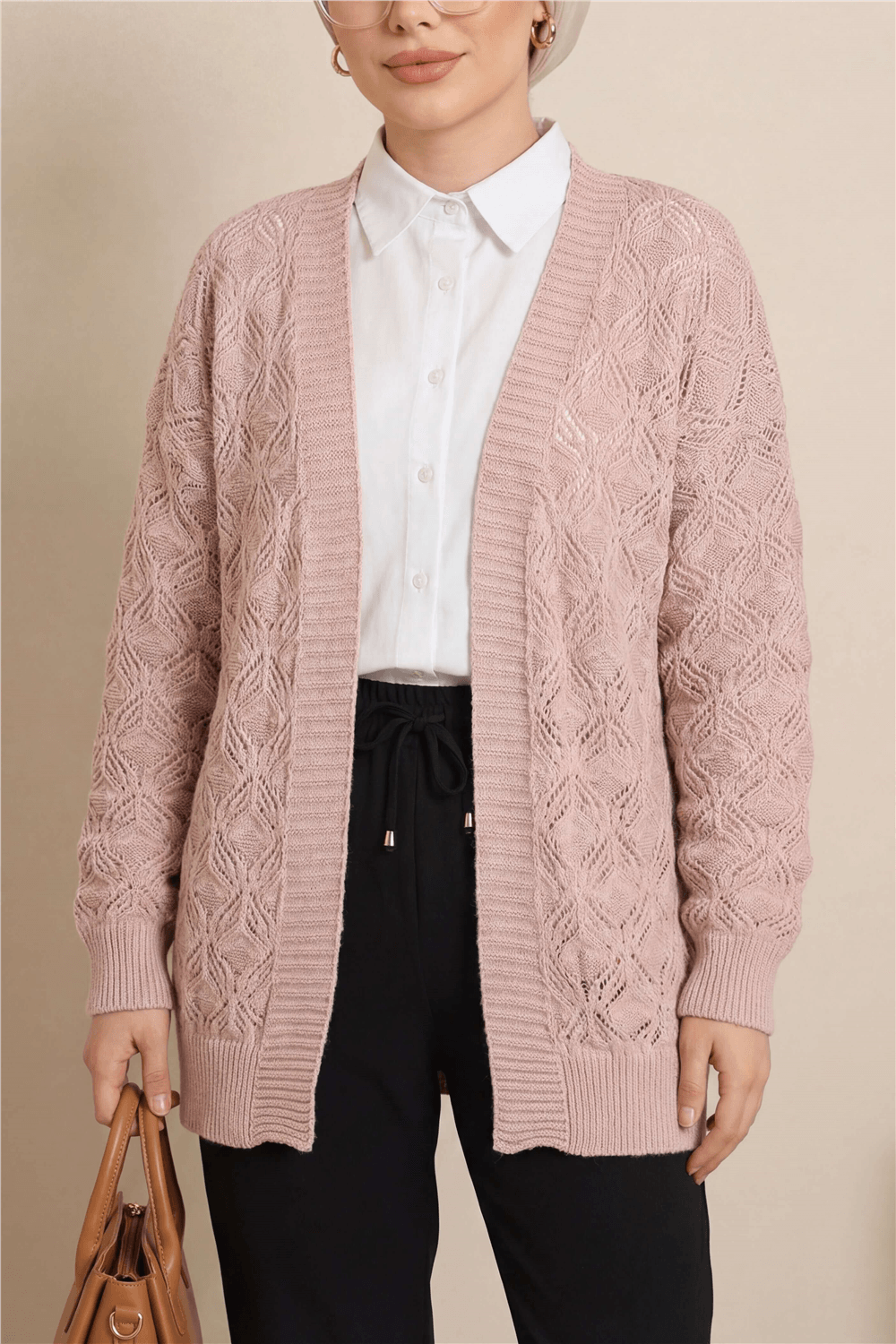 Desenli Araboy Örme Triko Hırka  -Pudra-Hırka-109-0981-R06