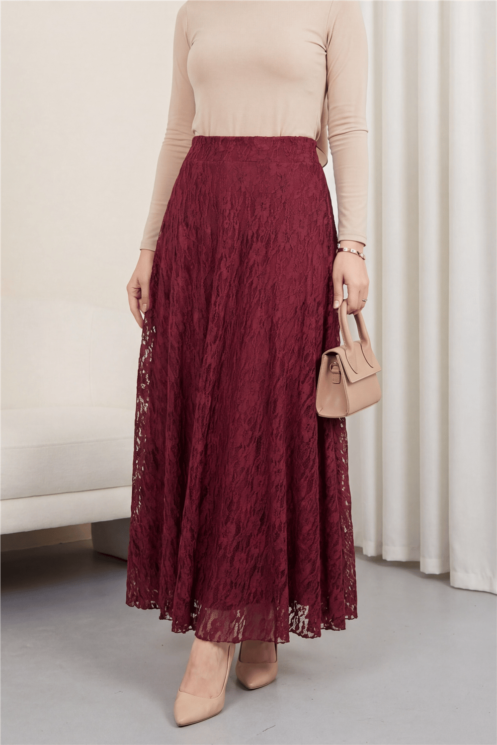 Desenli Astarlı Tül Etek -Bordo-Etek-426-5279-R04