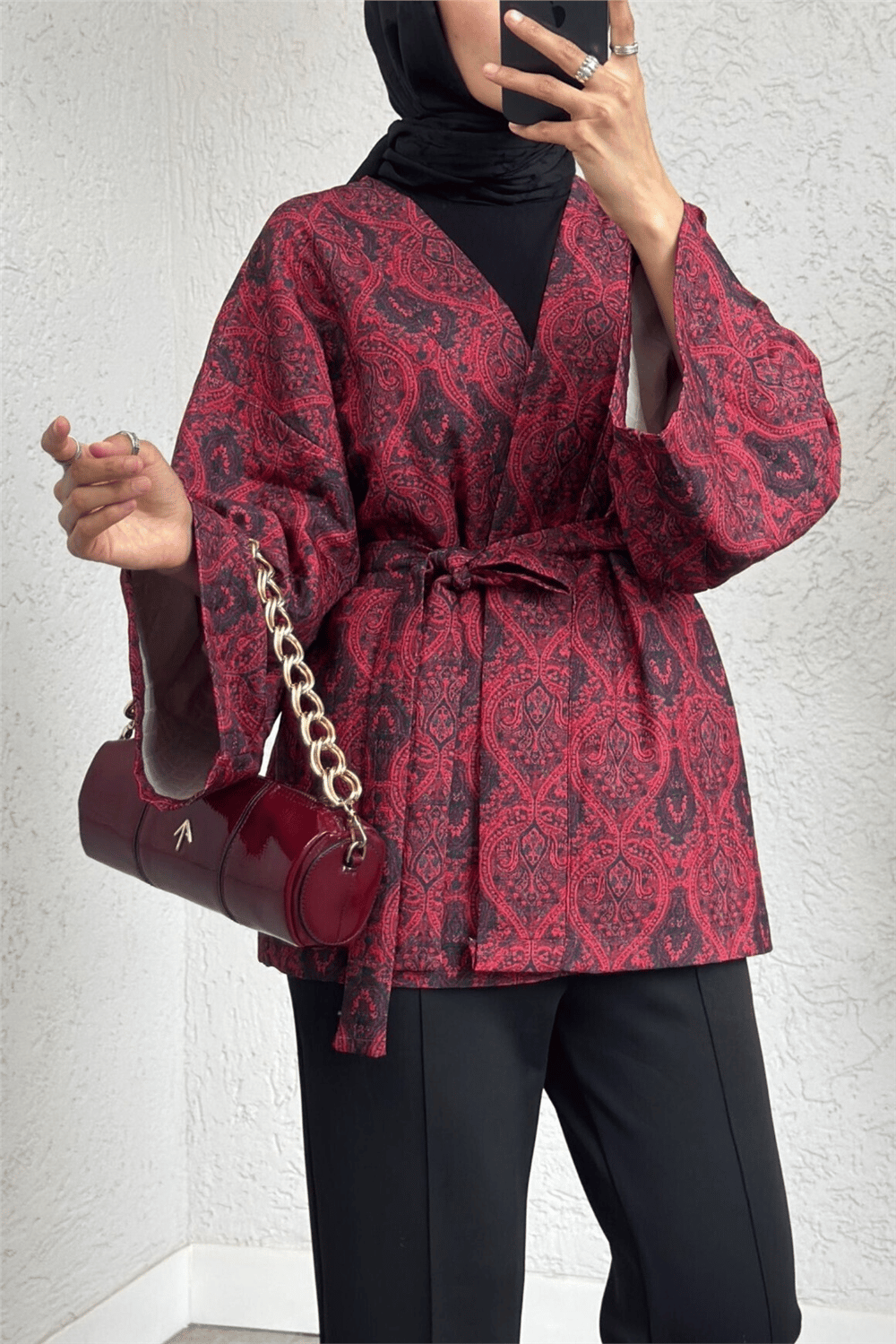 Dijital Baskılı Beli Kemerli Kapitone Kimono -Kırmızı-Kimono & Kaftan-307-0016-R33