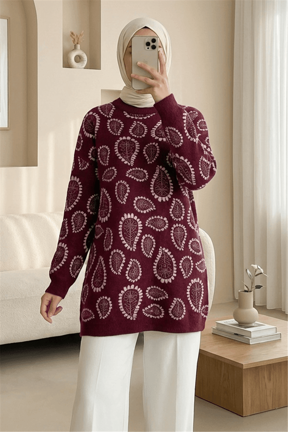 Dik Yaka Damla Desenli Sakallı Salaş Triko Kazak  -Pembe-Kazak-109-9778-R20