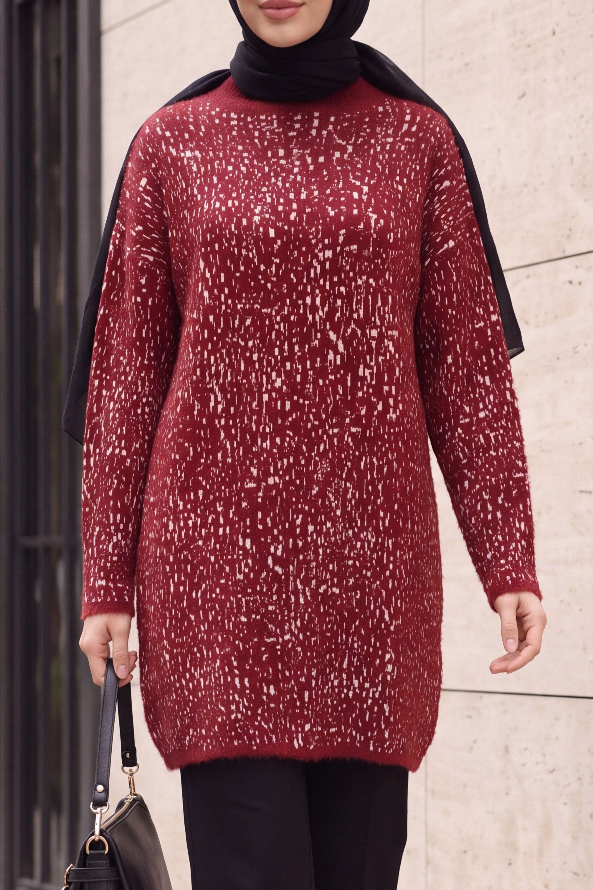 Dik Yaka Desenli Yumoş Triko Tunik  -Bordo