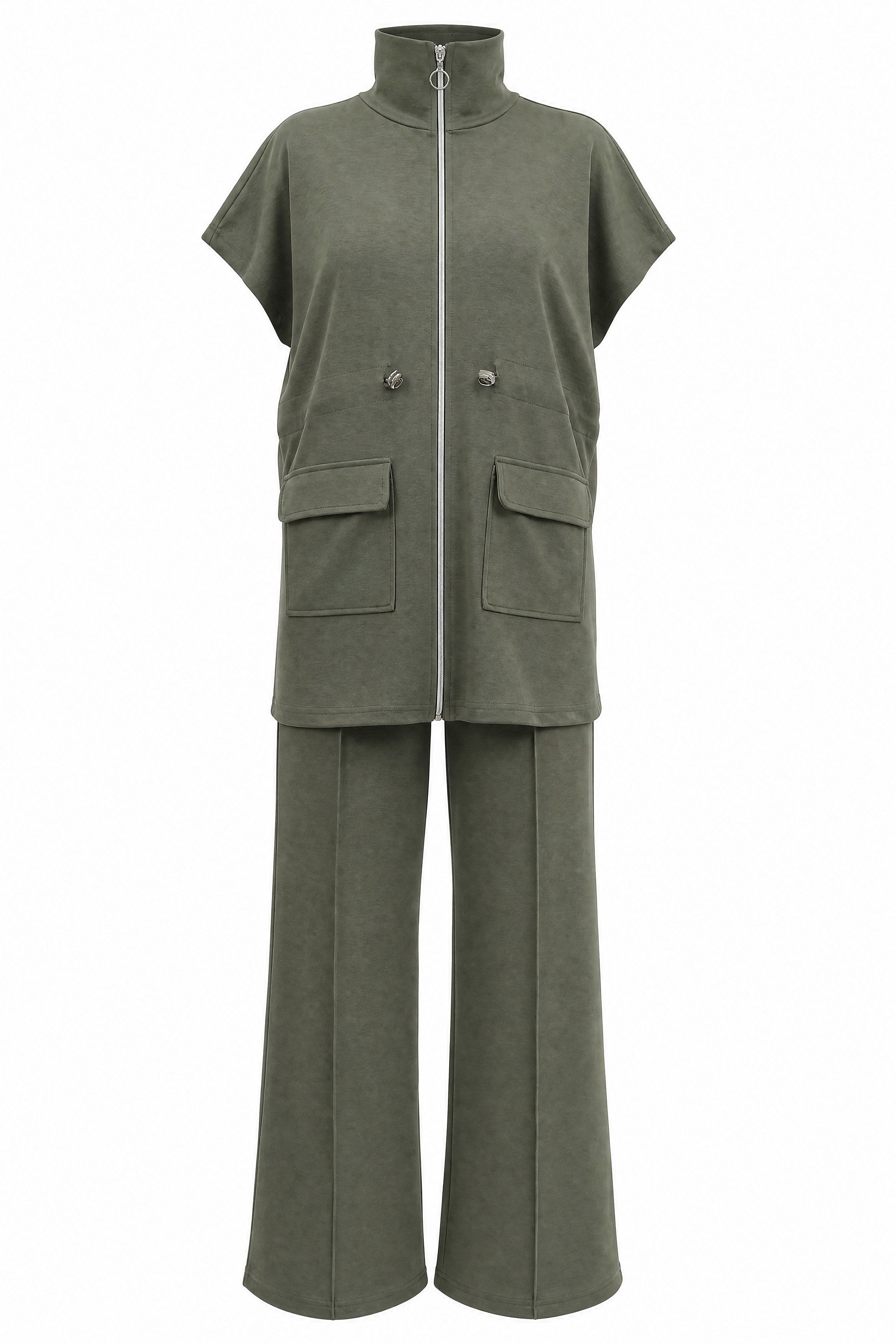 Dik Yaka Fermuarlı Çift Cepli Beli Lastikli İkili Oyşo Takım  -Zeytin yeşili