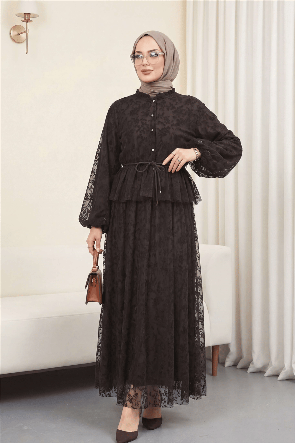 Dik Yaka Flog Baskılı Balon Kol Beli Bağcıklı Etekli Astarlı Tül Takım -Kahve-Takım-398-22034-R15